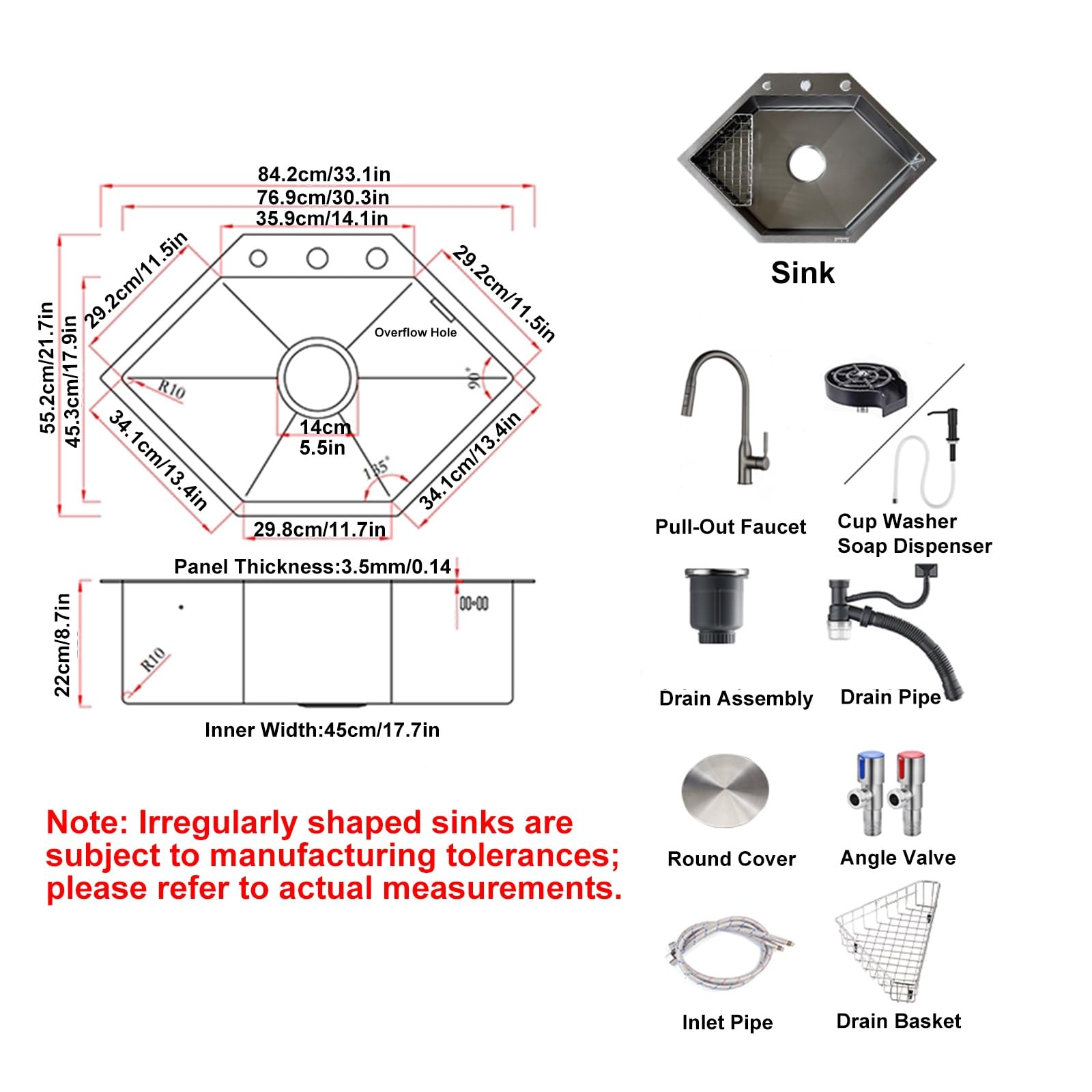 Lavello Angolare da Cucina in Acciaio Inox 304, Nero, Lavello Cucina 1 Vasca con Rubinetto Estraibile e Numerosi Accessori, Ideale per Uso Domestico, Bar e Commerciale(84x55cm/33x22in)