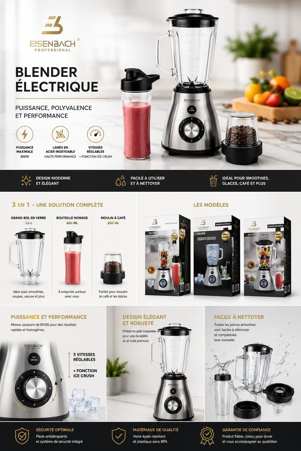 Licuadora Eléctrica Profesional 3 en 1 800W, Vaso de Vidrio 1.5L, Molinillo para Café y Especias, Botella Portátil 600 ml, 5 Velocidades + Función Ice Crush, 220-240V 50/60Hz