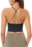 Seamless Padded Sports Bra for Women Strappy Longline Wirefree Brami Ribbed Crop Tank Tops