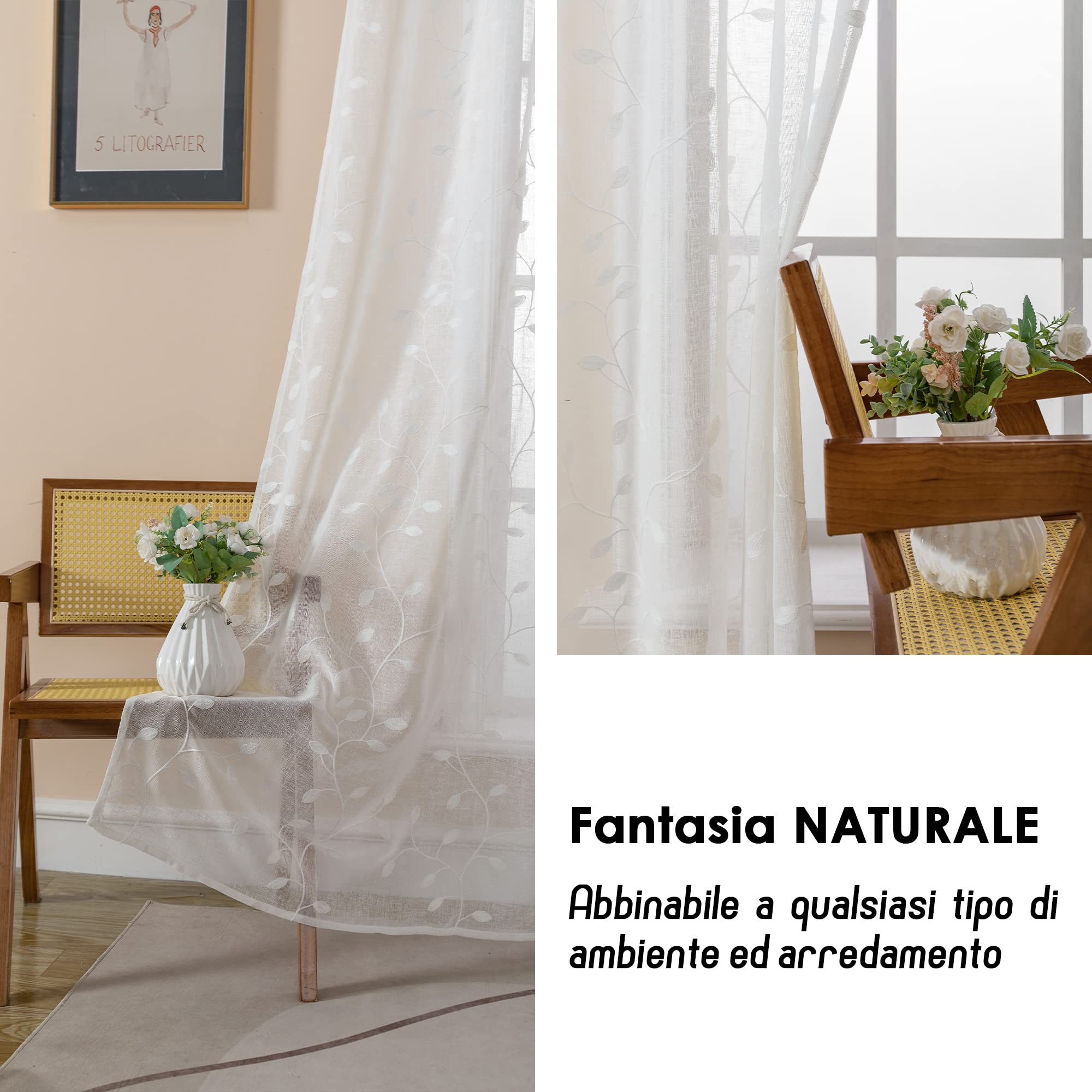 GIRASOLE HOME® Coppia Tende Filtranti in Simil Lino Fantasia Rampicanti Tenda per Interni 2 Pannelli con Occhielli (Bianco, 140x280cm)