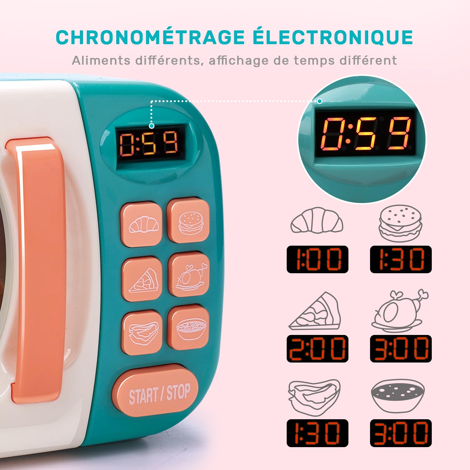 CUTE STONE Ensemble de Jouets Cuisine avec Micro-Ondes, Jeu d’Imitation pour Enfants, Four Électronique et Aliments de Jeu, Ustensiles de Cuisine, Jouets Éducatifs pour Filles et Garçons