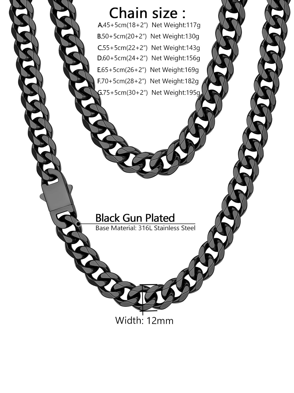 PROSTEEL Naszyjnik męski łańcuszek ze stali nierdzewnej/pozłacany, naszyjnik kubański męski czarny, szerokość 6/9/12 mm, długość 46/51/55/61/66/71/76 cm, biżuteria hip-hopowa, 46 CM, Stal nierdzewna