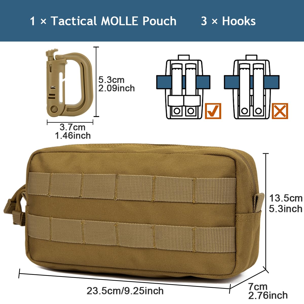 MUCHER EDC Pouch Molle Pouches Tactical Waist Bag Utility Waist Pack with 3 Hooks for Outdoor Hiking Hunting Camping Training (A-Khaki) - Image 2