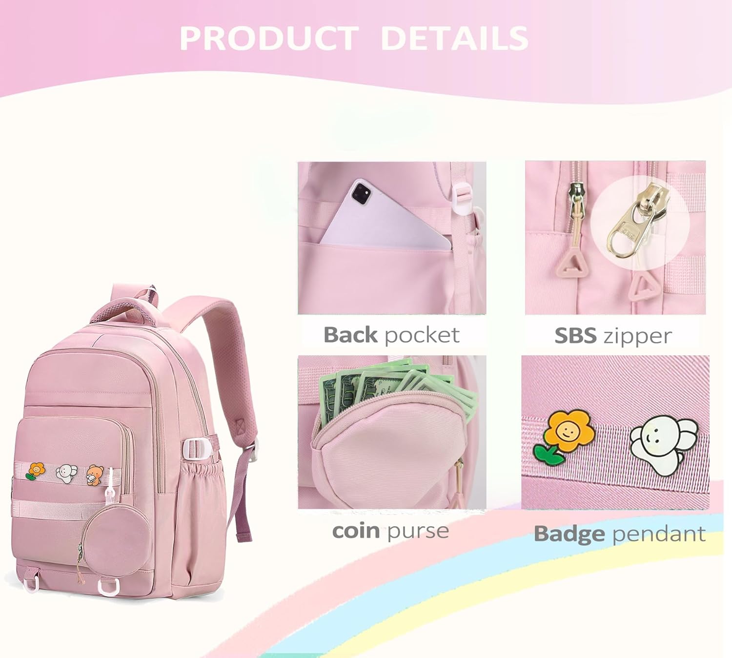 Cute Backpack for Teen Girls Boys, Aesthetic Laptop Bookbag for College High Middle School Student Women, Pink - Image 6