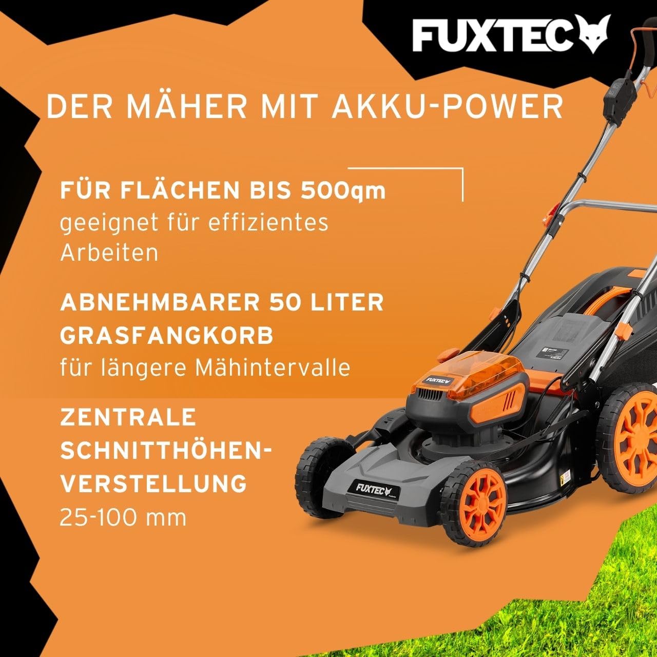 FUXTEC 40V Akku Rasenmäher FX-E2RM46PROSET • 2X 5Ah Akku und Schnellladegerät • Rasenmäher mit variablem Antrieb • 46 cm • Schnitthöhe 25-100 mm • Mulchfunktion • 50L Fangkorb