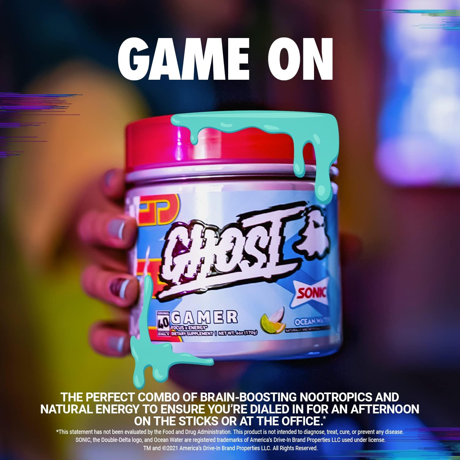 GHOST Gamer: Energy and Focus Support Formula - 40 Servings, Sonic Ocean Water - Brain-Boosting Nootropics & Natural Caffeine for Attention, Accuracy & Reaction Time - Vegan, Gluten-Free