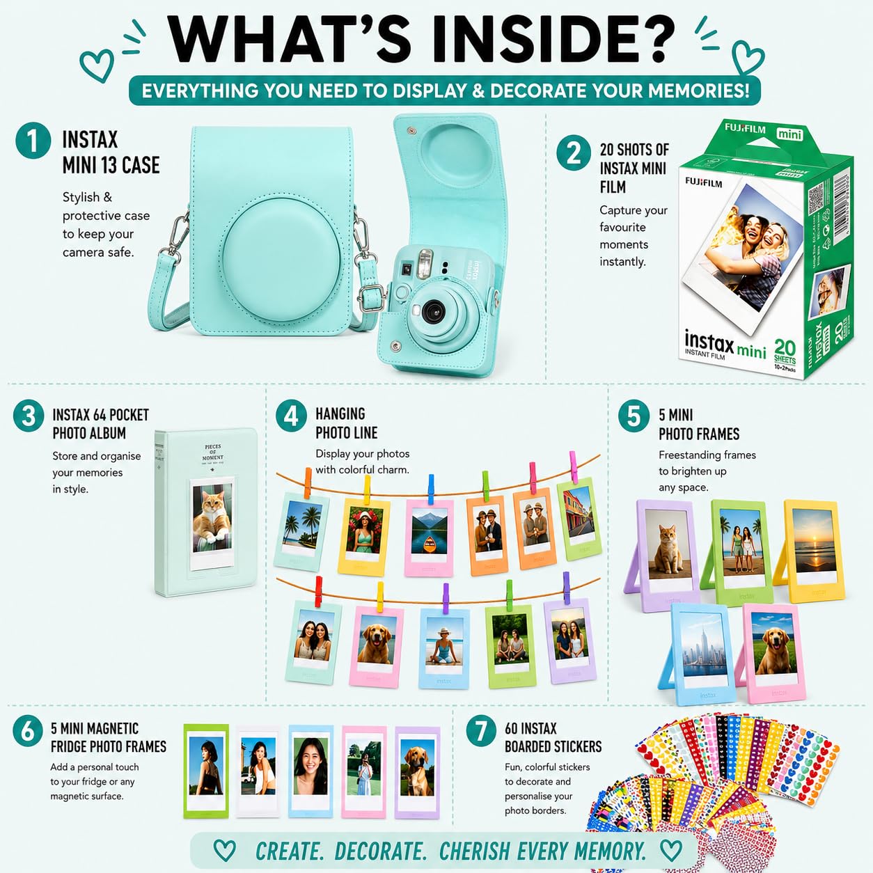 Mini 13 Instant Camera Premium Kit per Fuji Instax Mini 13 Lagoon Green include custodia Lagoon Green Mini 13, mini pellicola da 20 scatti, mini album fotografico e kit completo di accessori per