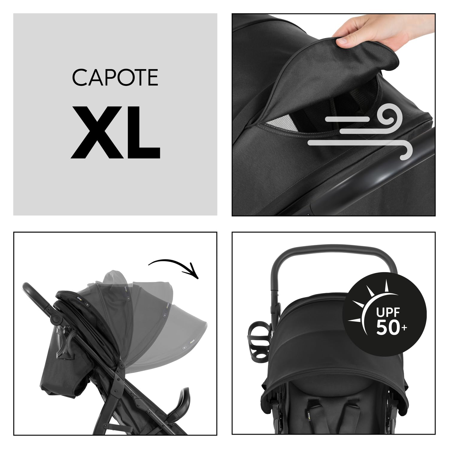 hauck Poussette Canne Rapid 4D Air, de la Naissance à 22 kg, Inclinable, Roues Pneumatiques à l'Arrière, Roues Caoutchouc à l'Avant, UPF 50 +, Hauteur Réglable, Panier jusqu'à 3 kg, Noir