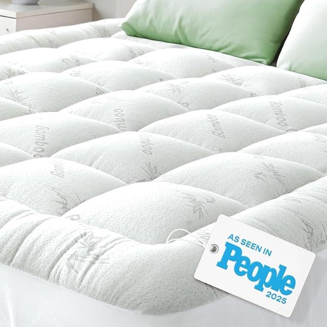 Matelas de bambou Topper Queen Taille - Refroidissement épais Oreiller respirant Top Matelas Pad for Back Pain Relief - Topper de poche profonde convient à 8-20 pouces (60x80 Pouces blanches)