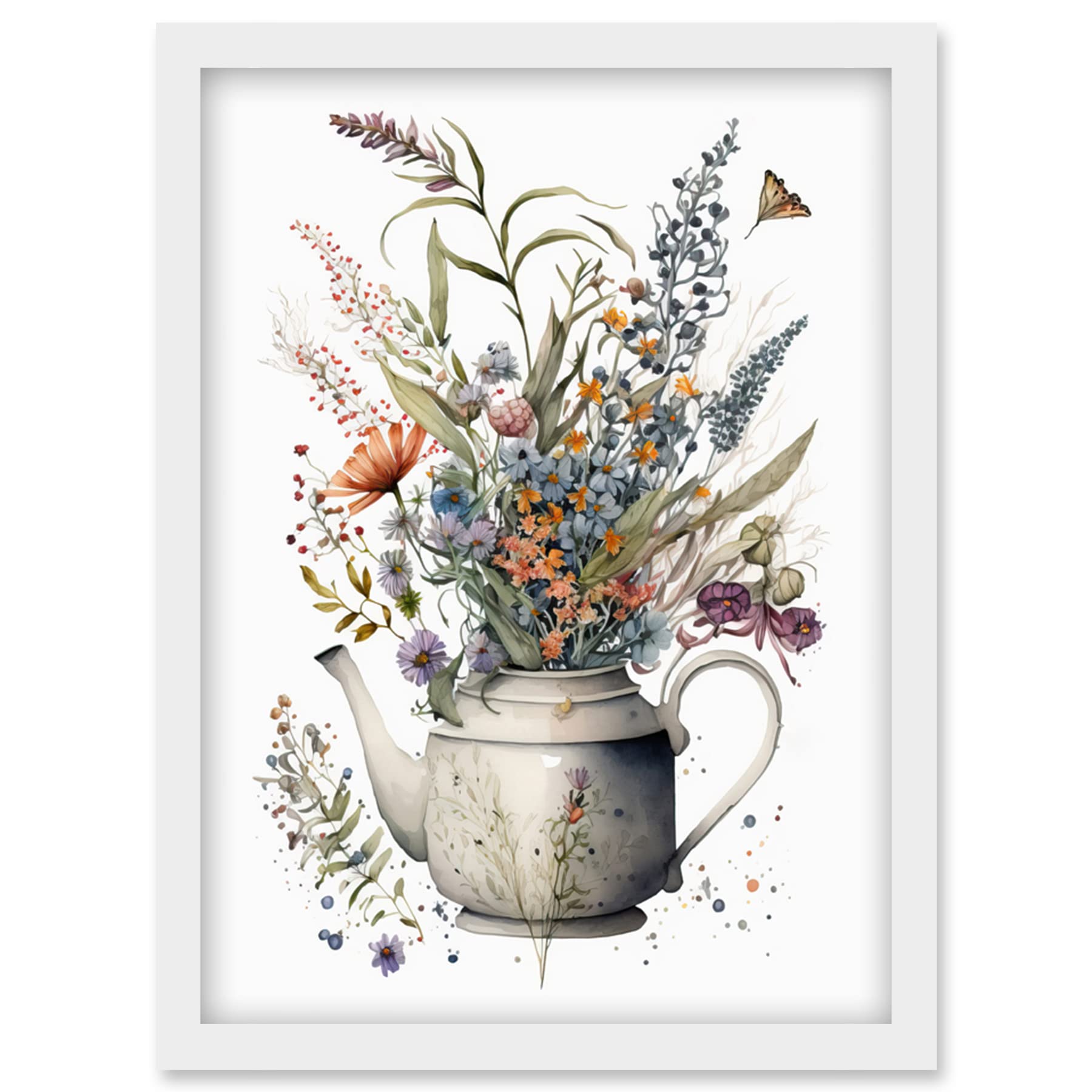 Artery8 Spring Wildflower Bouquet in White Ceramic Teapot Artwork Framed Wall Art Print A4