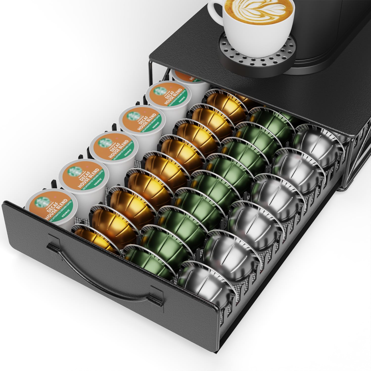 HFHOME Coffee Pod Holder Drawer Compatible with Nespresso - 48 Small or 24 Large VertuoLine Pods - Coffee Capsule Storage Organizer for Vertuo - Coffee Capsule Holder for Home Kitchen Pure Black
