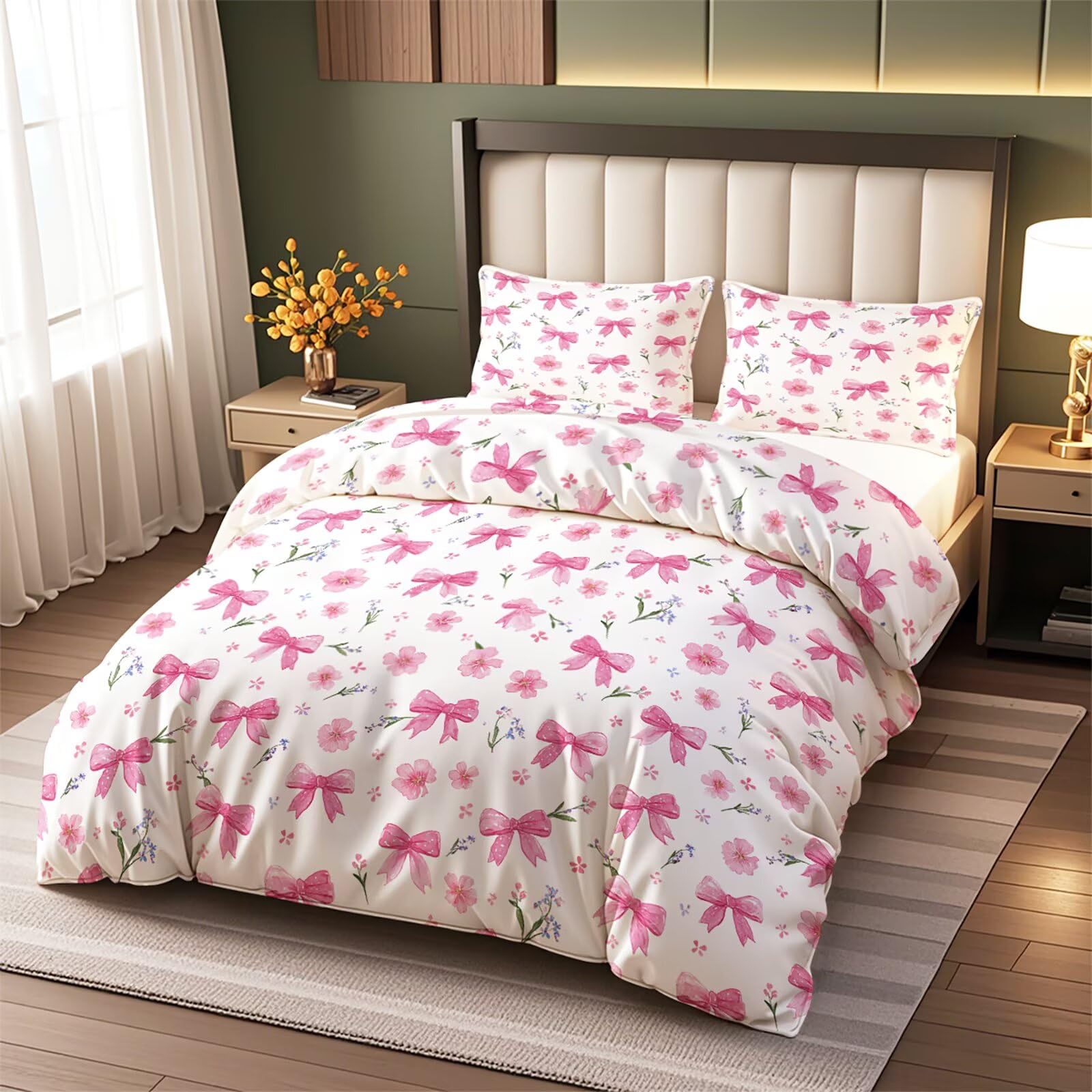 ViblyCoz Pink Bow Floral Single Bed Duvet Cover Set White 3 Piece Bedding with 1 Duvet Cover 135x200cm and 2 Pillowcases