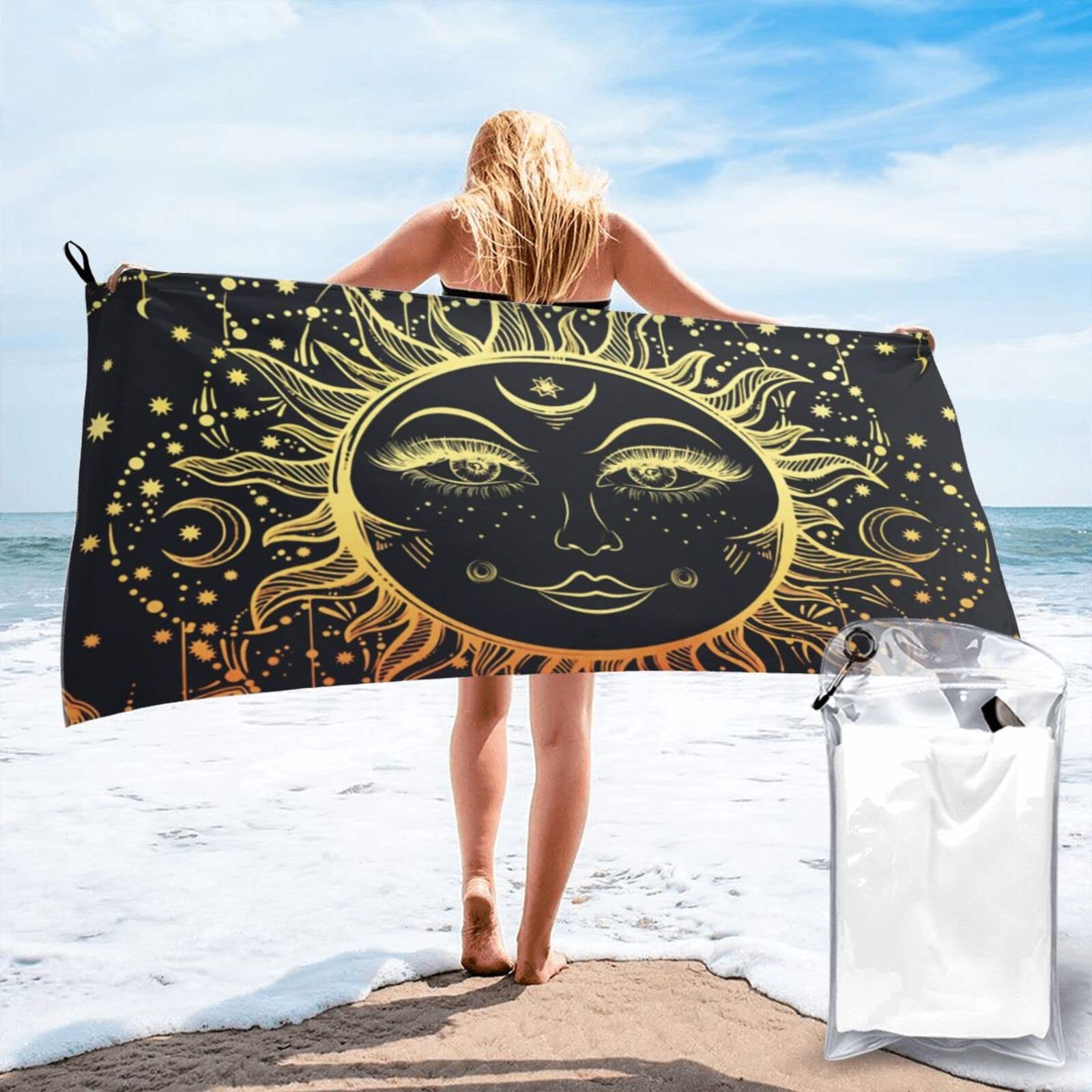 Lawenp Sun Face Moon Star Ethnic Microfiber Beach Towel Adults Large Quick Drying Bath Towel Travel Towels with Pouch 27.5"x55"