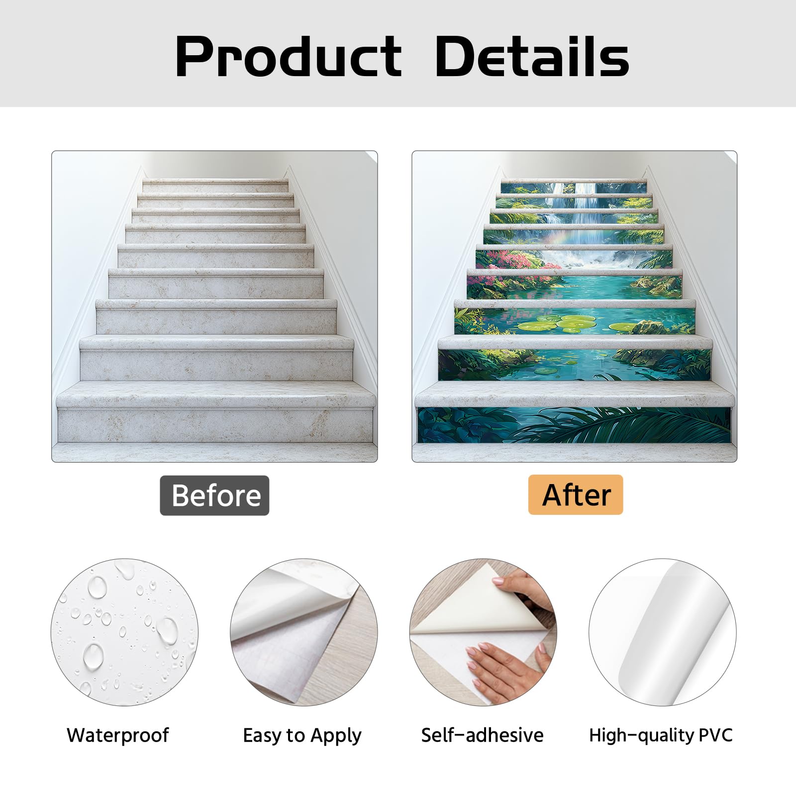 PLIGREAT 15 tiras de calcomanías para escaleras, diseño de cascada de bosque, despegar y pegar, calcomanías para escalones, 18 x 100 cm, murales de vinilo autoadhesivo para decoración del hogar y