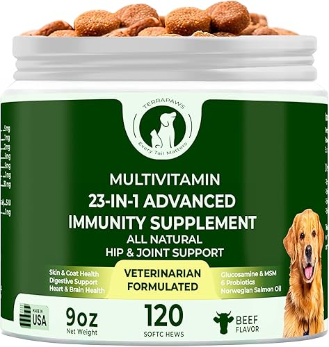 Multivitamínico 23 en 1 para perros  Masticables suaves con glucosamina, condroitina, MSM, probióticos, arándano, biotina, zinc, aceite de salmón,