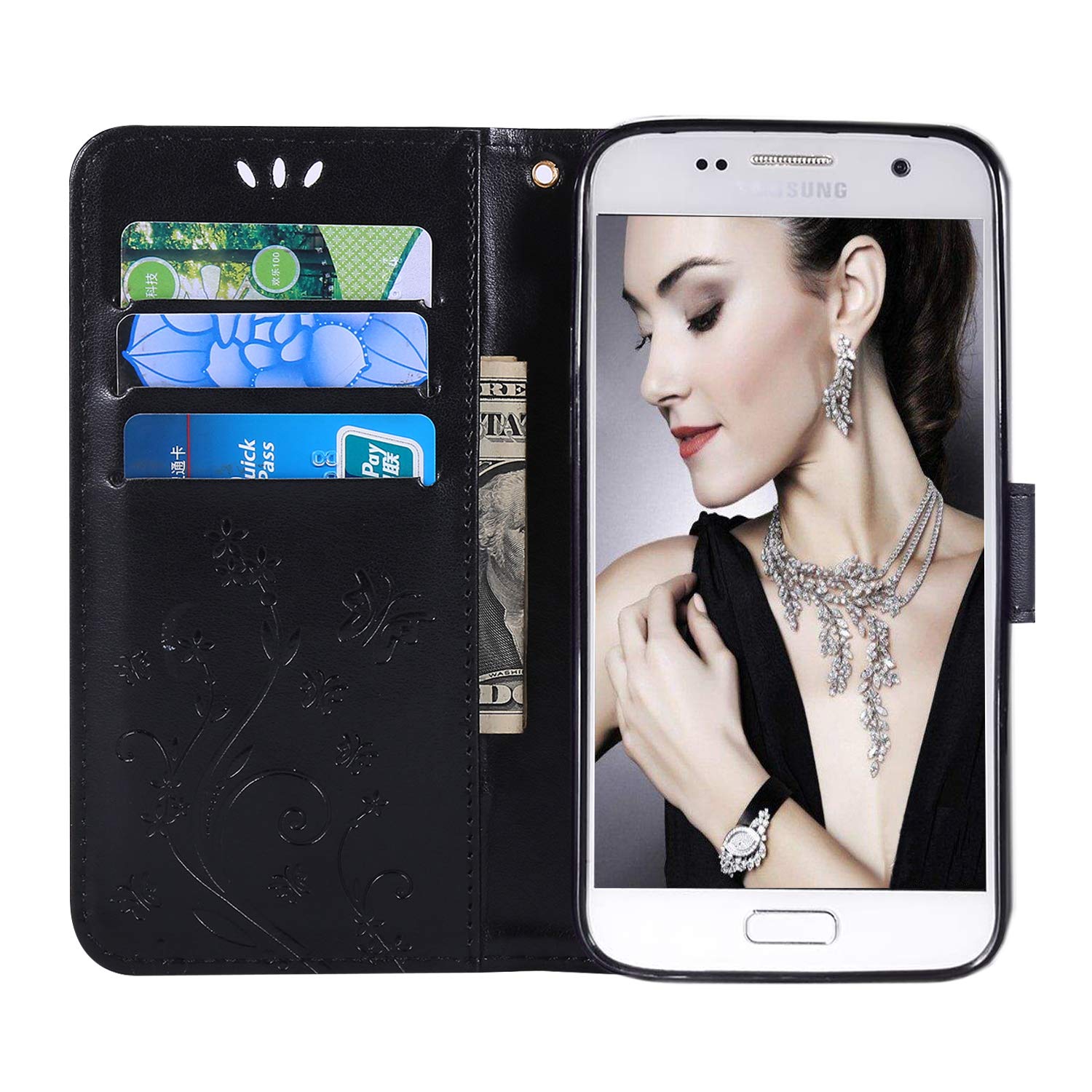 FLYEE Case Compatible with Samsung Galaxy S7(5.1inch,Released in 2016),Wallet Case for Women and Girls with Card Holder,Flip PU Leather Case[Kickstand] Protective Case-Embossed Flowers Black