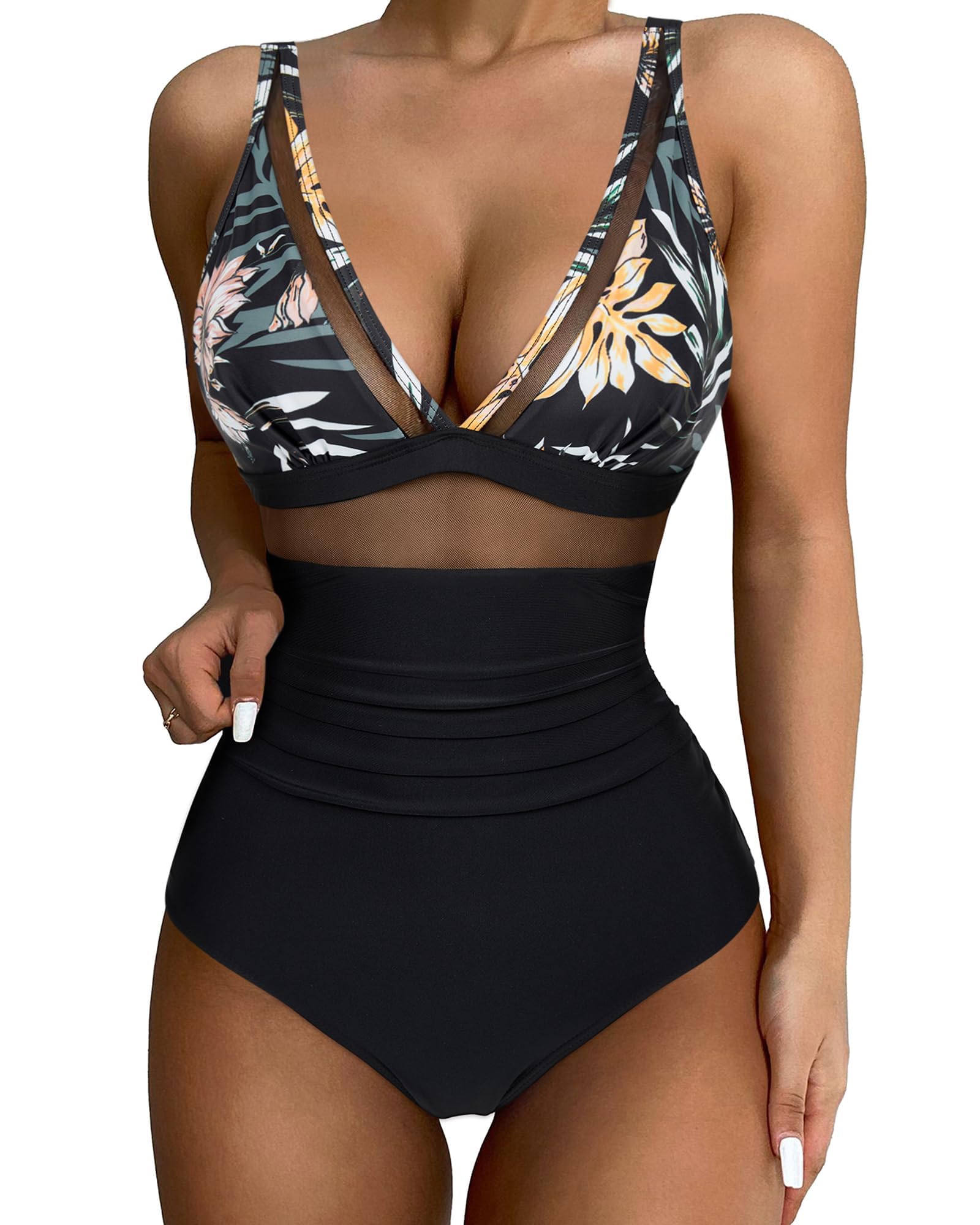 MAIABLEAUWomen Sexy Mesh Tummy Control Swimsuit Push Up High Waisted Bathing Suit