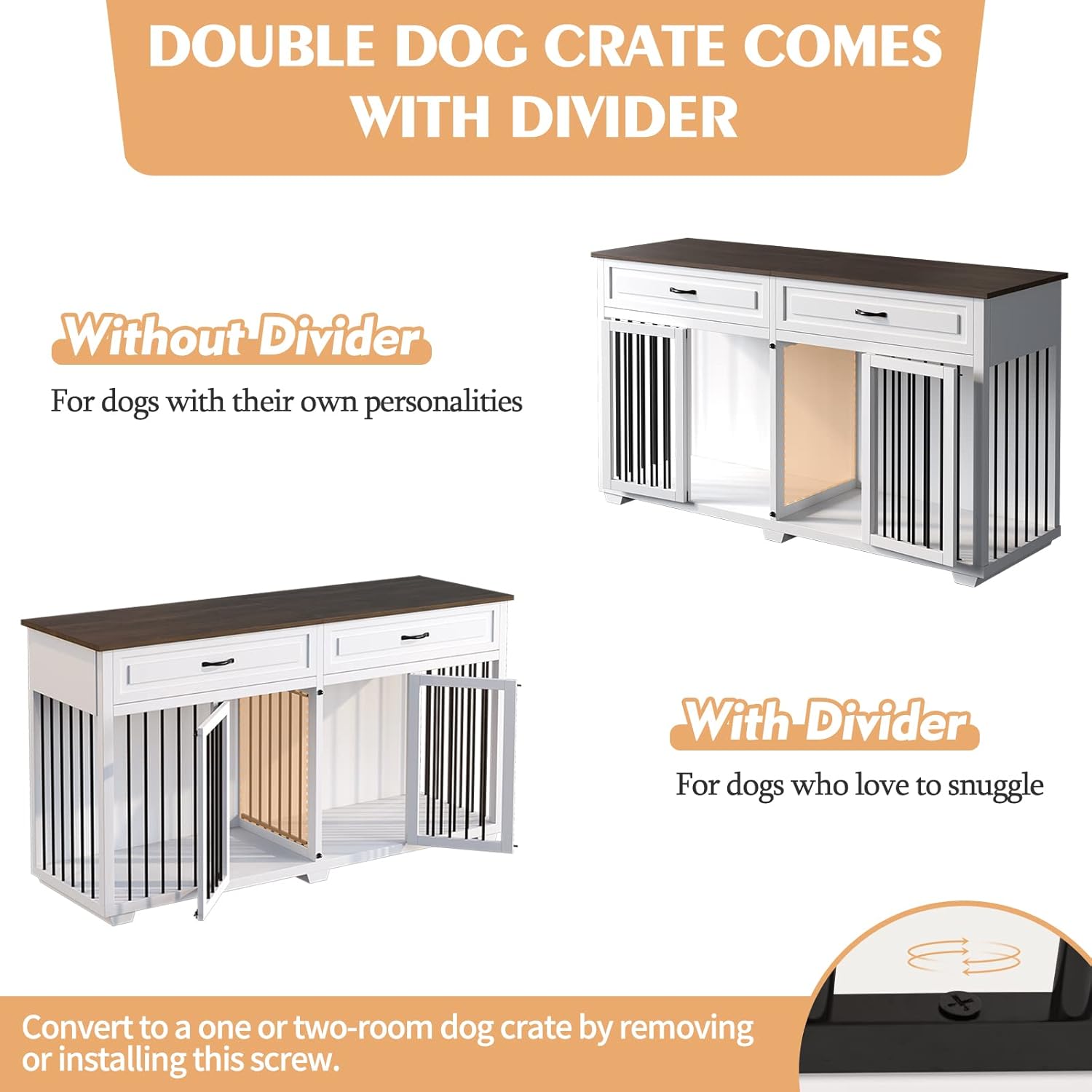 Dog Crate Furniture, 72.4 Inch Wooden Indoor Dog Kennel Cage House, Modern Decorative End Table with Double Rooms, 2 Drawers, a Divider, for Large Medium Breeds, White