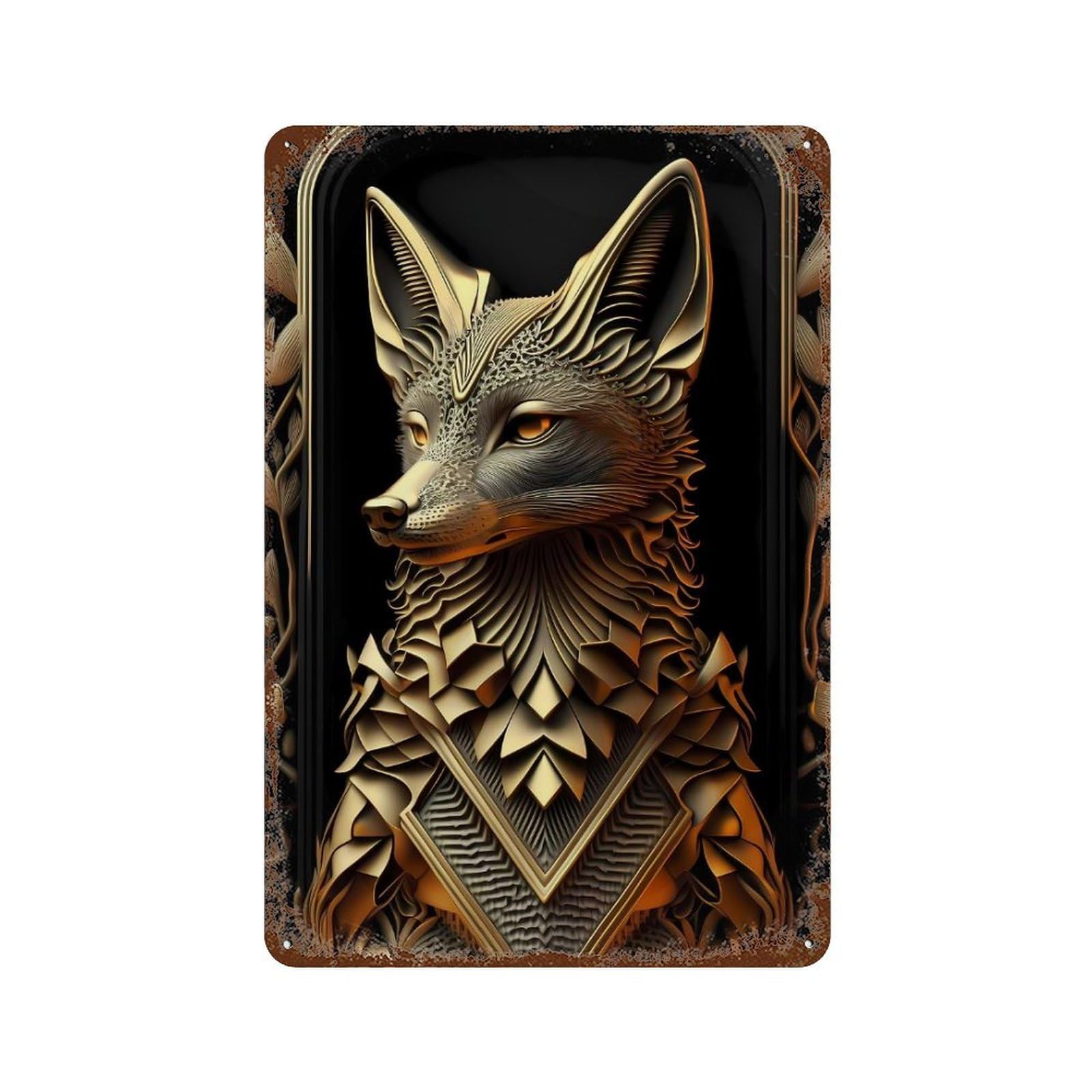 Vintage Metal Tin Sign Golden Fox Portrait 11.8"x7.9", Classic Wall Plaque for Pub, Kitchen And Man Cave Decor