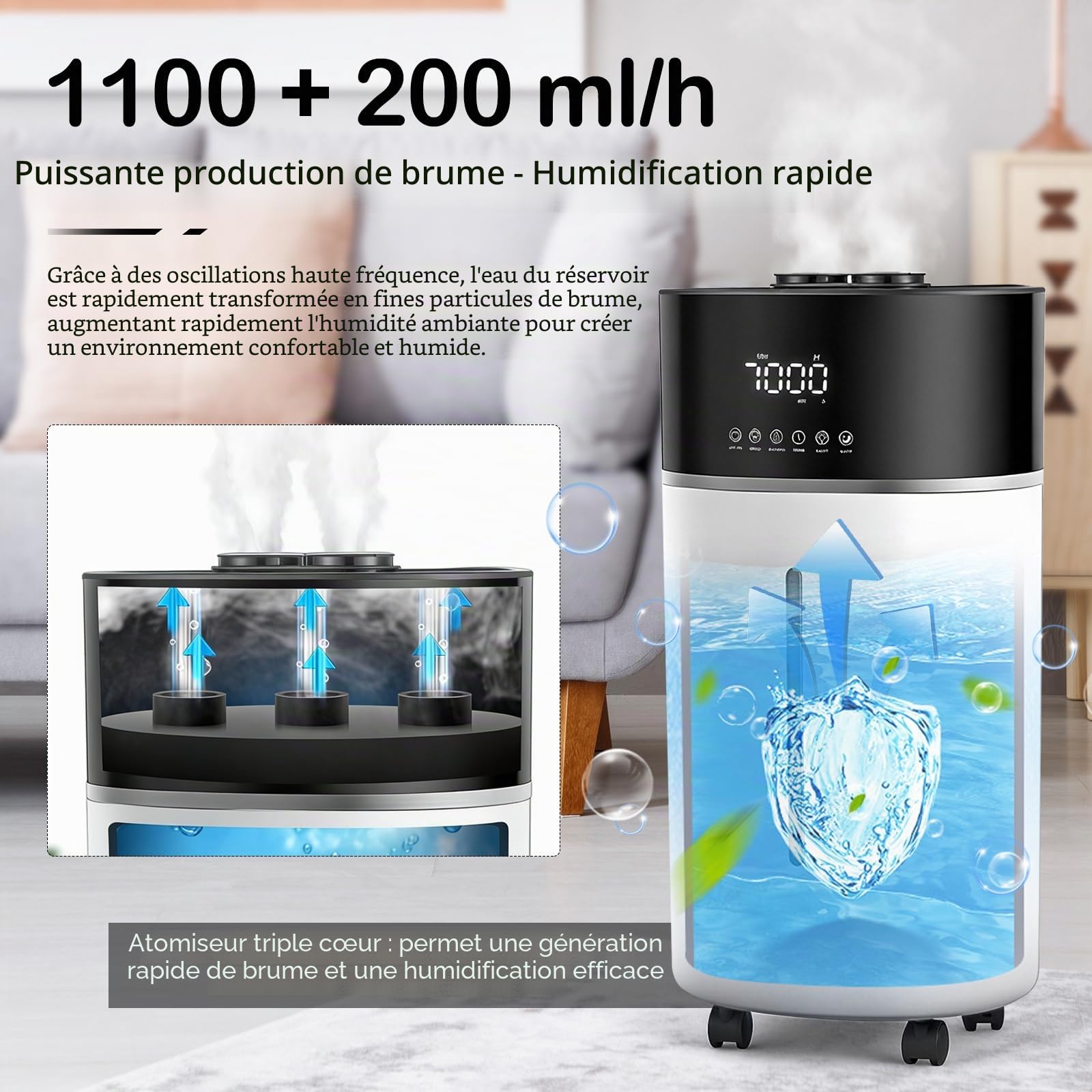 Humidificateur d'Air Chambre 18L, Diffuseur Huiles Essentielles Intelligent pour Chambres Humidifier Chaud/Froid pour Pièces Jusqu'à 200m² et Plantes et Usage Commercial