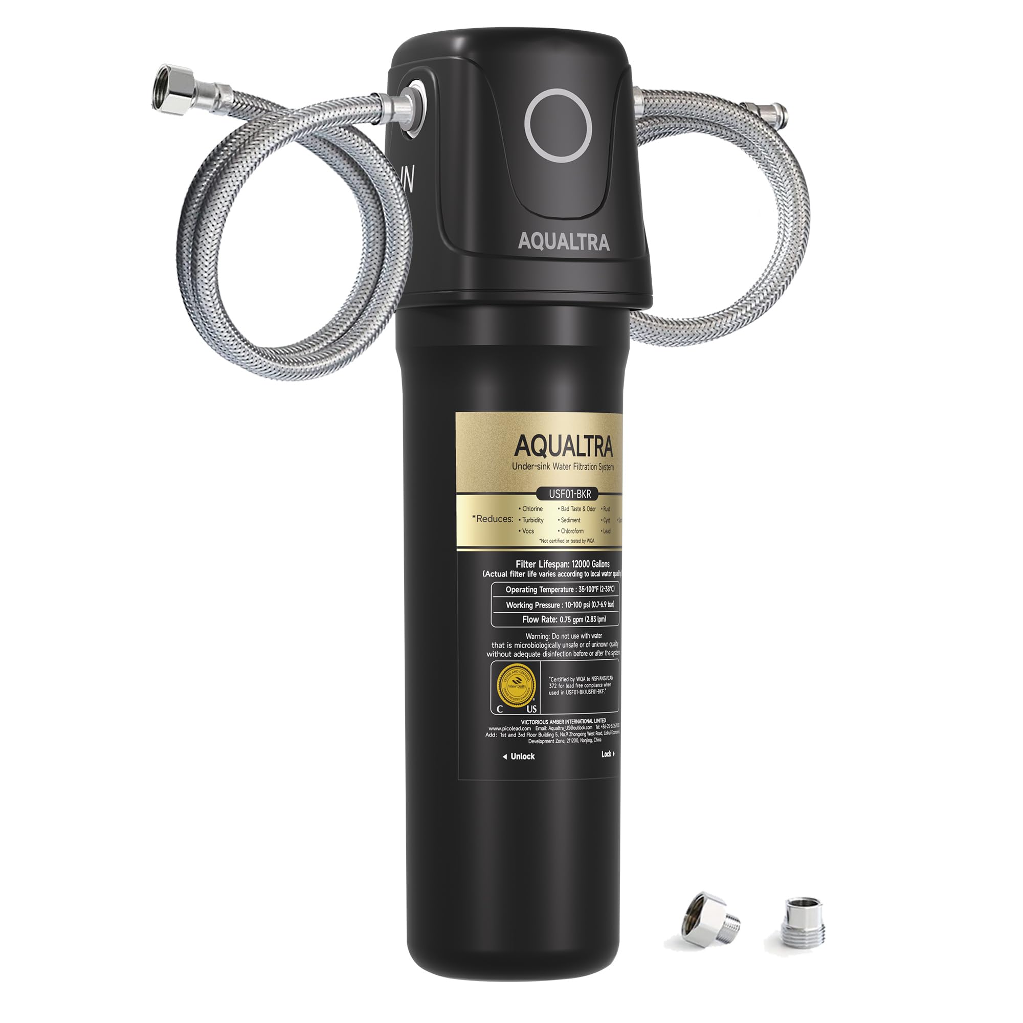 AQUALTRA USF01-BK Sistema bajo fregadero, 45400L, certificado NSF/ANSI/CAN372, reduce PFOA, PFOS, cloro, plomo, mercurio, cloramina, fluoruro, microplásticos, mal sabor & olor