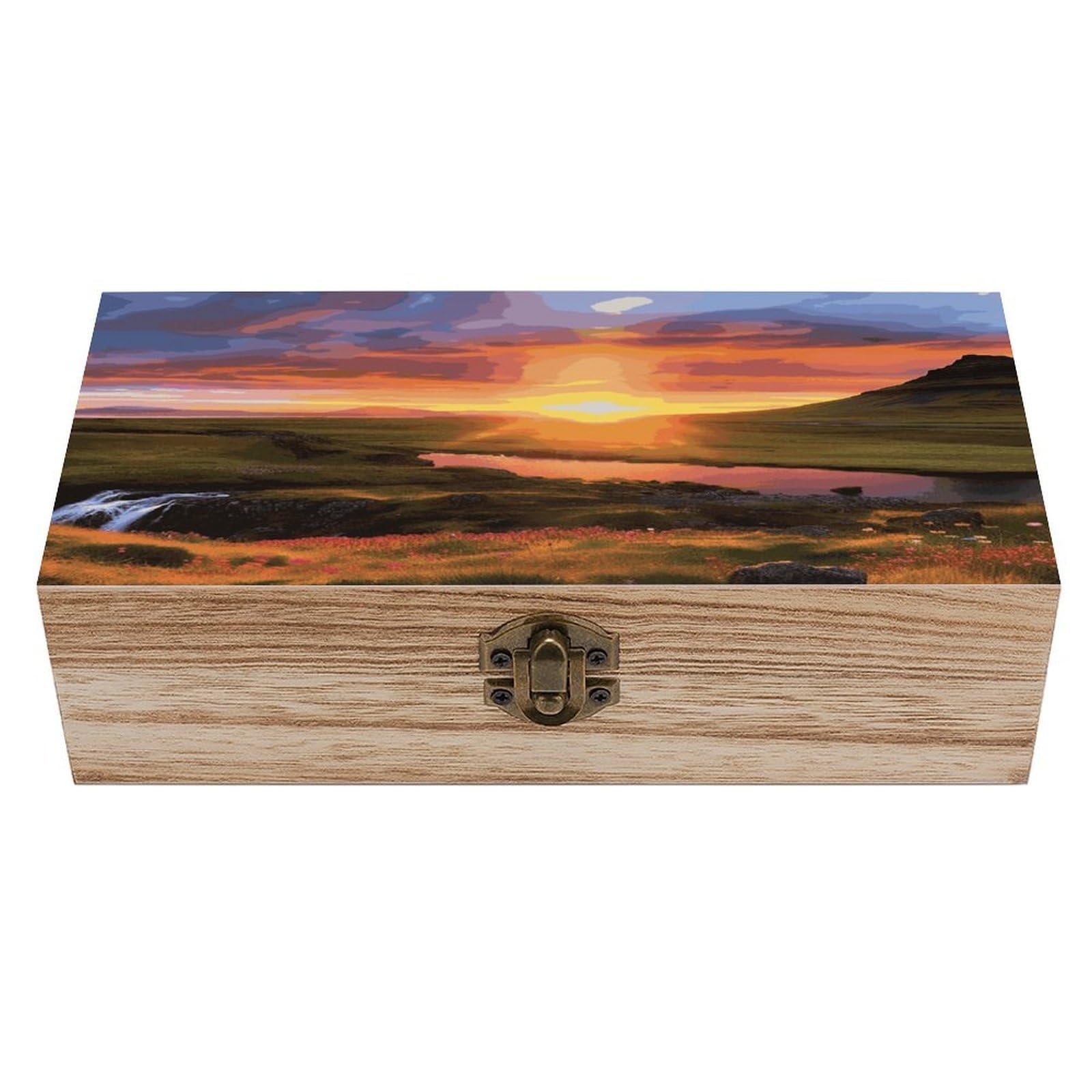Btcowzrv Style Iceland Sunset Wooden Storage Box, Keepsake Box With Hinged And Retro Lock, Wood Jewelry Organizer For Photos & Mementos And Home Decor