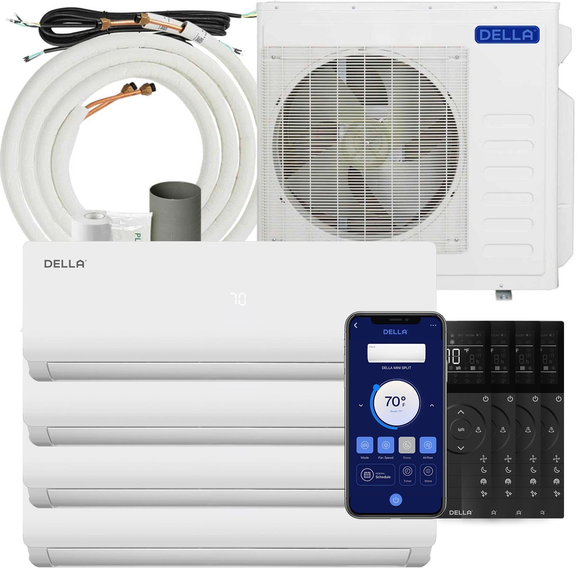 Aire acondicionado minisplit Della de 36 000 BTU, 12 000 BTU, 12 000 BTU, 12 000 BTU, ODU, cuádruple, de 4 zonas, compatible con Alexa, 19 SEER2, 208 W, 230 V, enfría hasta 200 m², wifi, multizona de bajo consumo, bomba de calor precargada, conjunto completo