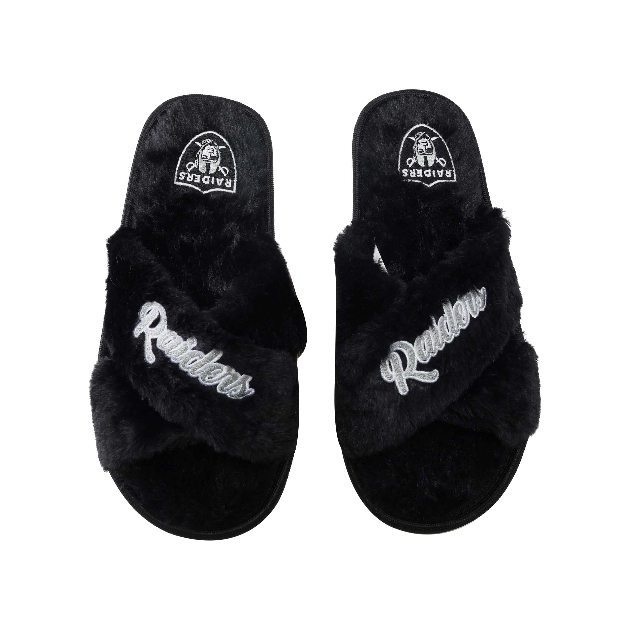 FOCO Womens NFL Team Script Wordmark Fuzzy Cross Slide Slippers