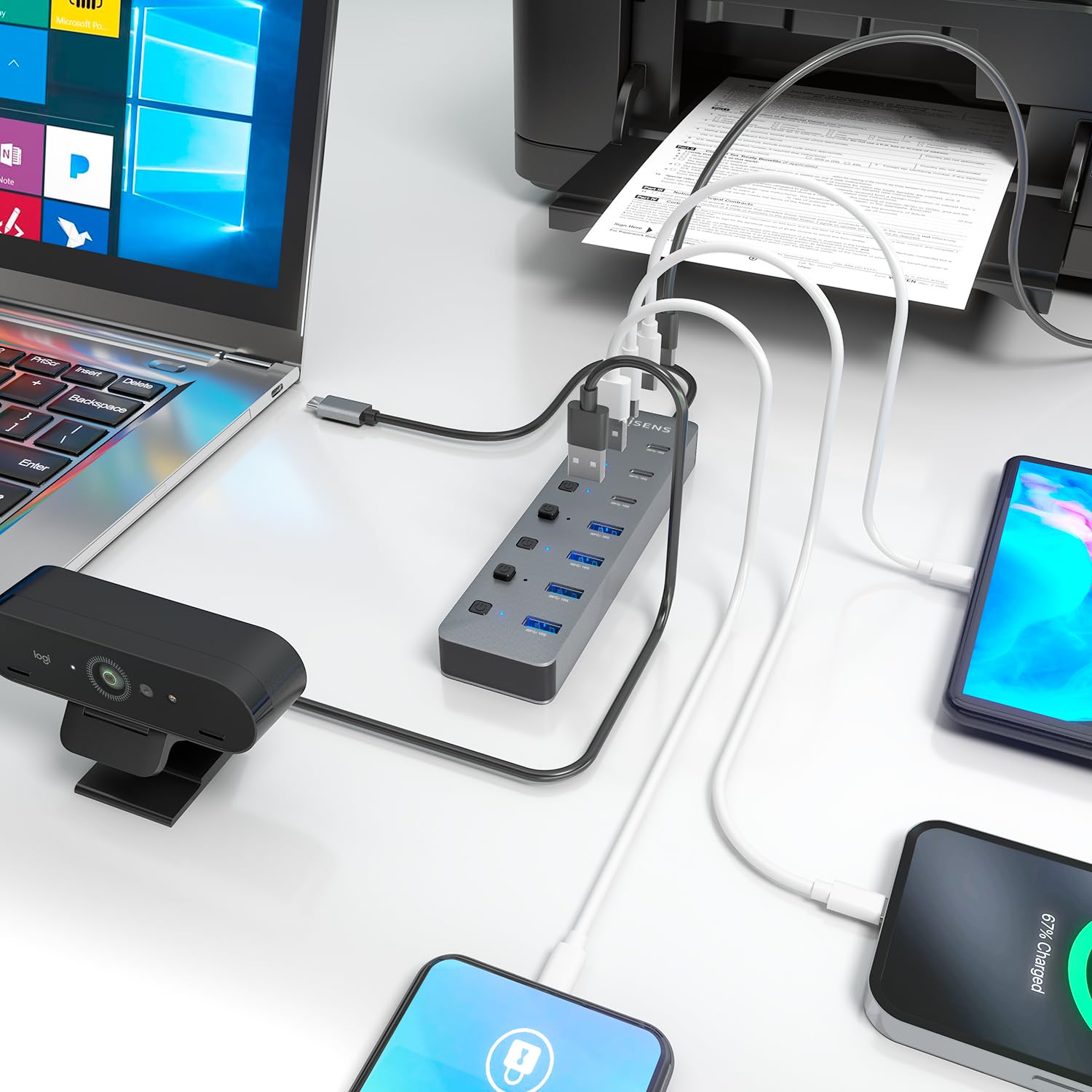 AISENS ASUC-8P044-GR - HUB USB3.2 Gen2 10G USB-C, USB-C/M-4xUSB-A/H+3xUSB-C/H+1xUSB-C/H PD3.0 100W, Gris, 30 cm