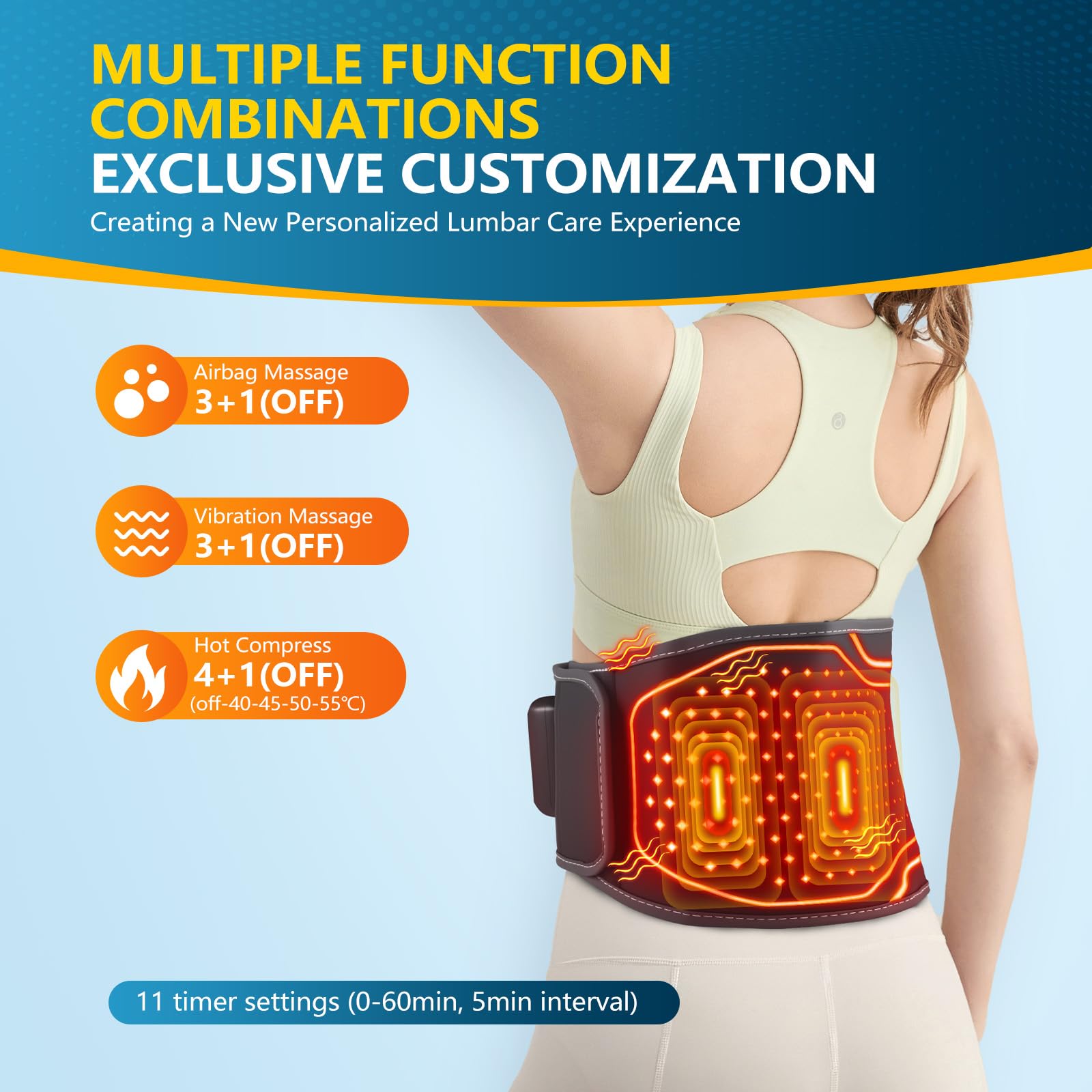 Ceinture Chauffante Lombaire sans Fil, Ceinture Lombaire Chauffante avec 3 Modes de Massage à Air, 3 Modes de Vibration, 4 Niveaux de Chaleur, Ceinture Chauffante Dos pour Sciatique, Lombalgie