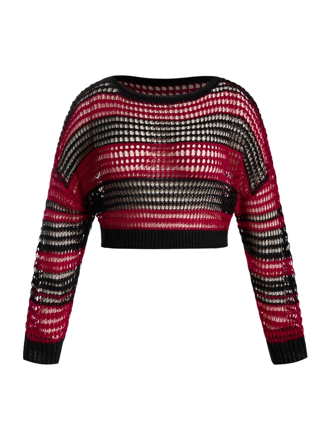Womens Plus Size Color Block Striped Hollow Out Crochet Crop Sweater Long Sleeve Knit Pullover Tops