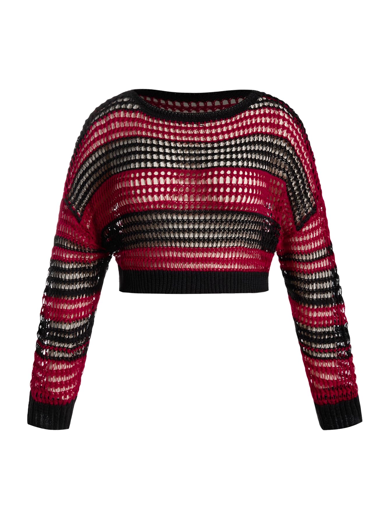 Womens Plus Size Color Block Striped Hollow Out Crochet Crop Sweater Long Sleeve Knit Pullover Tops