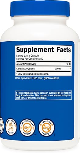 Miniatura 5 de Nutricost Pastillas de cafeína, 200 mg por porción (250 cápsulas)