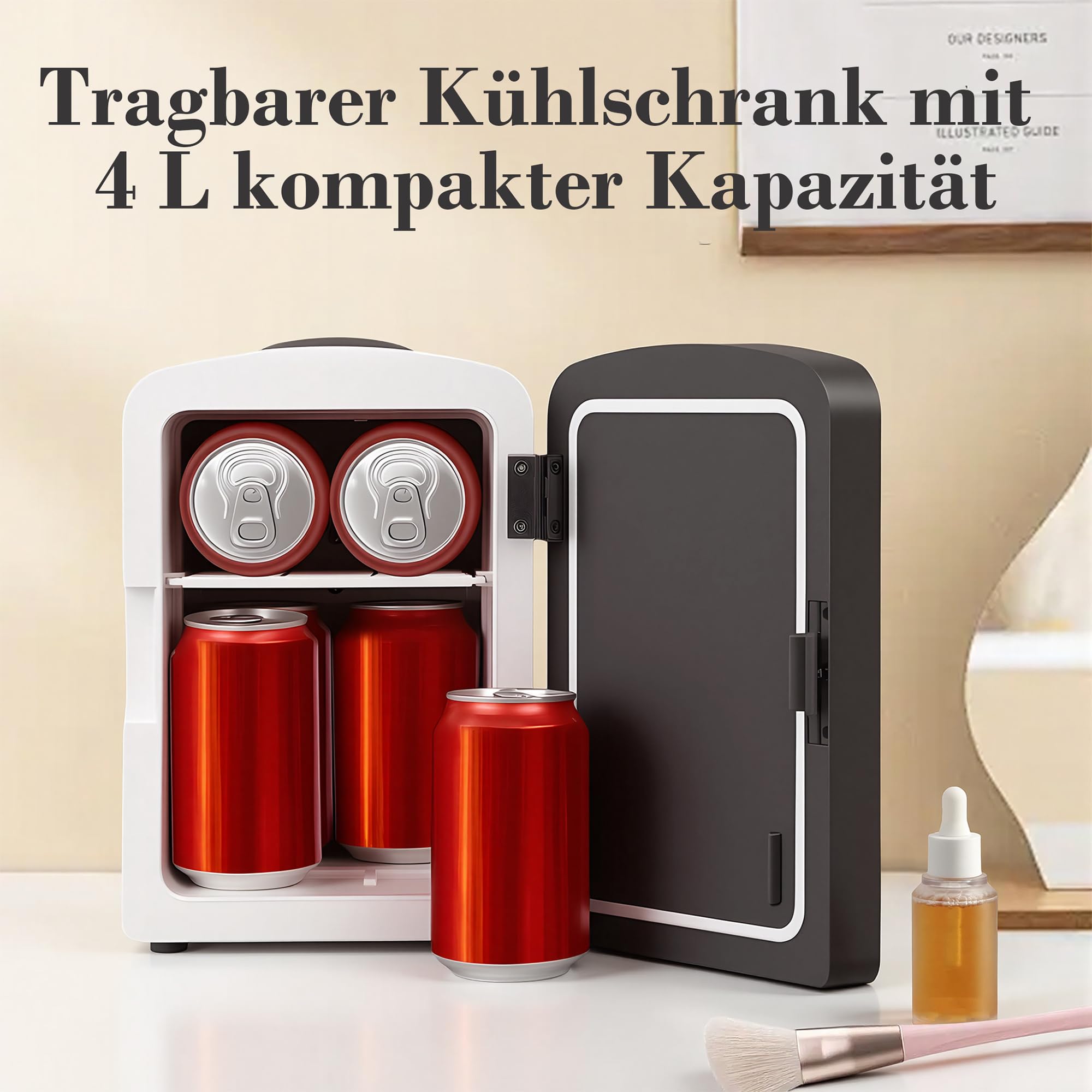 Iceblue Mini-Kühlschrank, Hautpflege Kühlschrank mit verstellbarer LED-Licht, 4L / 6Dosen Kompakt Make-up-Kühlschrank für Kosmetik & Getränke, kleiner Kühler für Zuhause, Auto, Geschenke - Schwarz