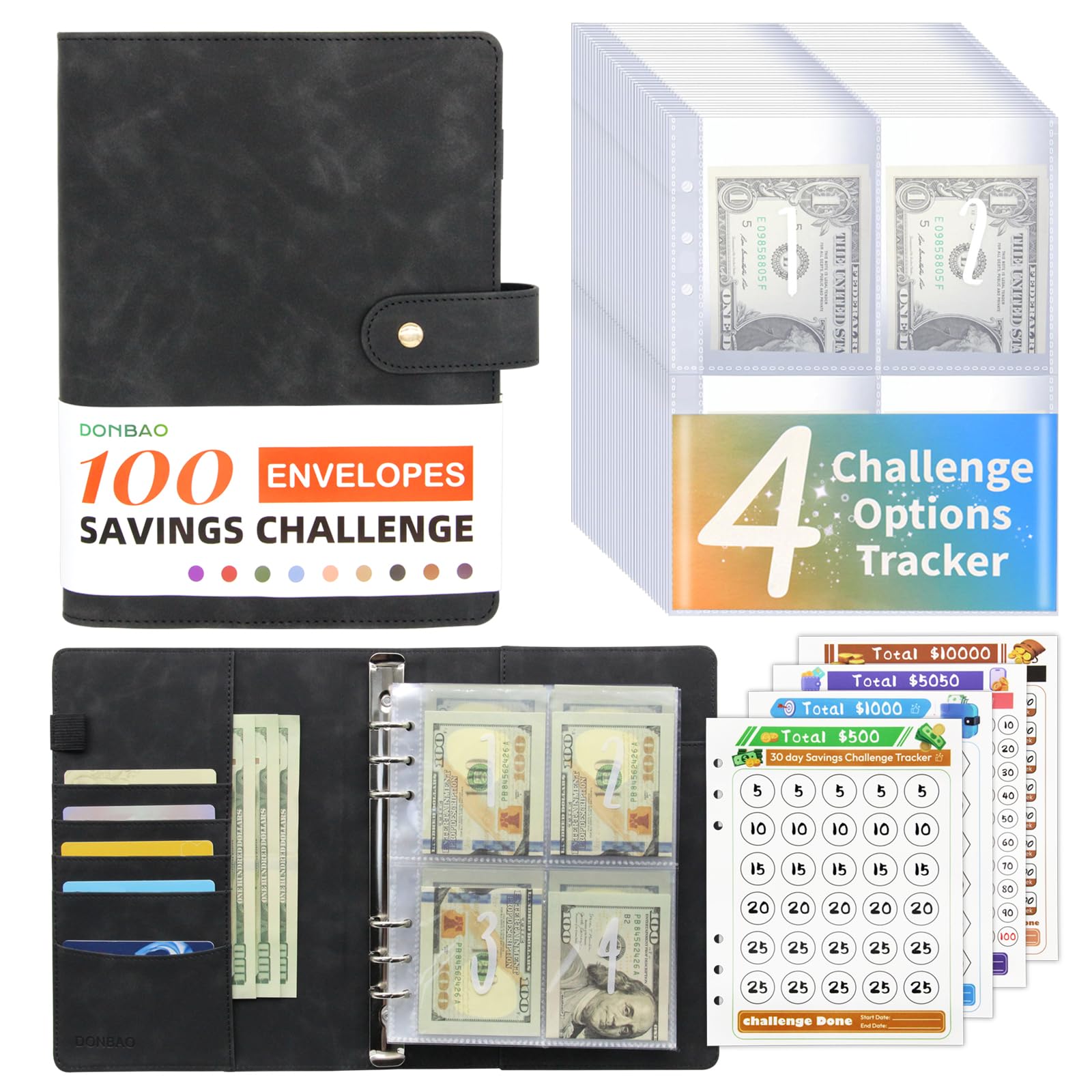 DONBAO 100 Envelopes Money Saving Challenge Binder, A5 Budget Binder with Envelopes and Challenge Tracker, Savings Challenges Planner Book to Save