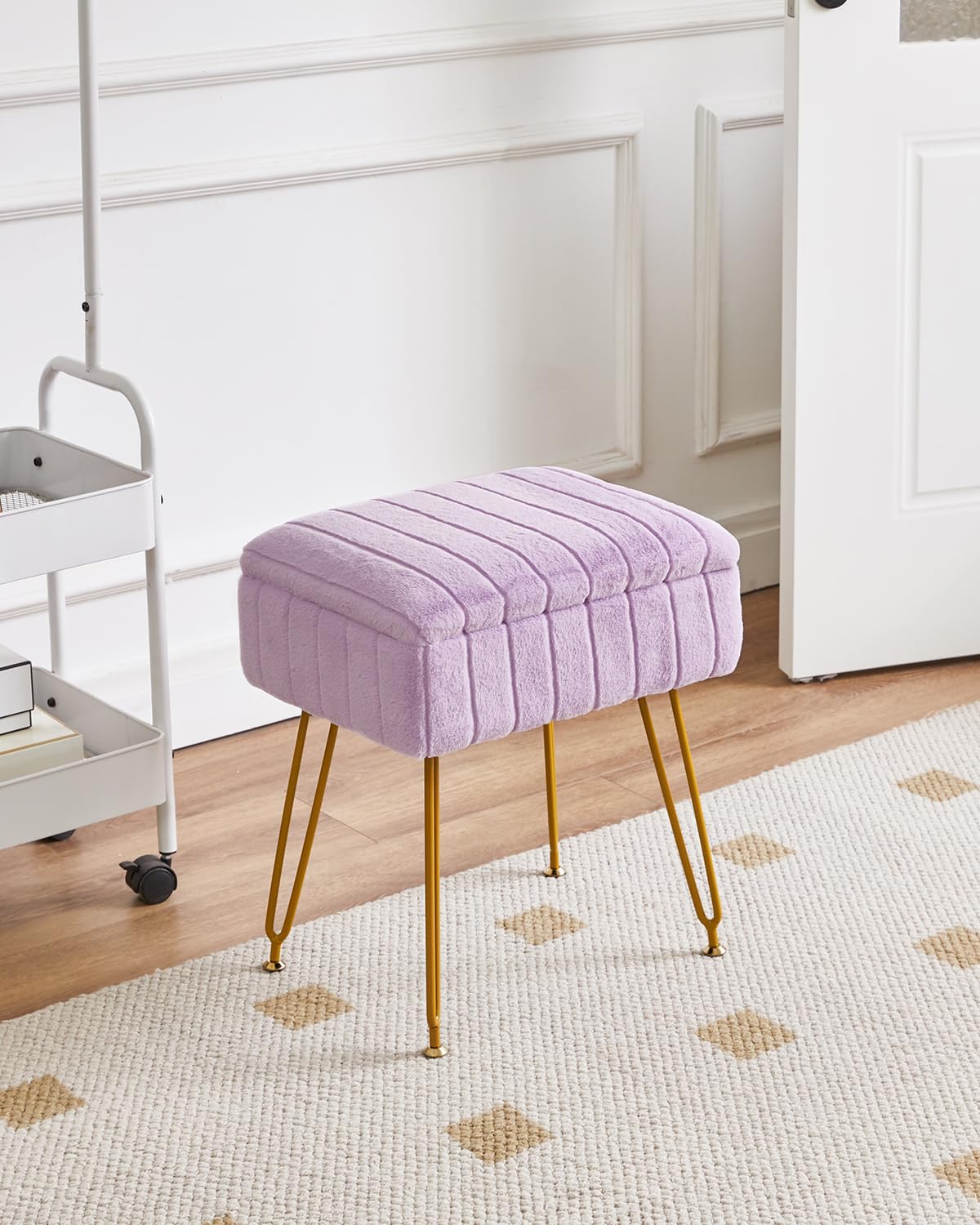 IBUYKE Taburete de Terciopelo con Almacenamiento, Otomano, Mesa Lateral, 4 Patas Metálicas, Antideslizante, Púrpura