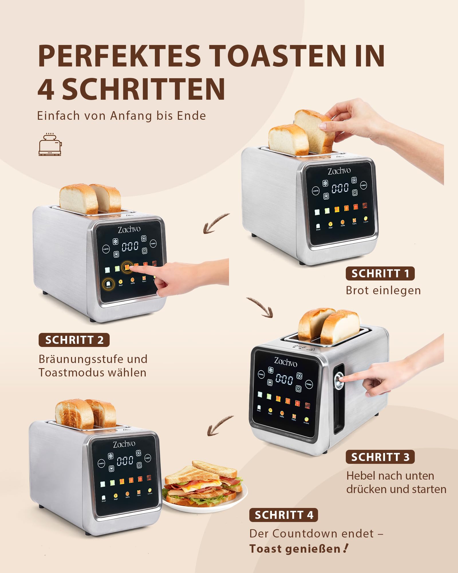 Toaster 2 Scheiben Edelstahl mit Smart Touchscreen & LED-Countdown, Intelligente Memory-Funktion, 3,5cm extra breite Schlitze, Einseitiges Rösten, inkl. Sandwich-Zange & Brötchenaufsatz, 850W