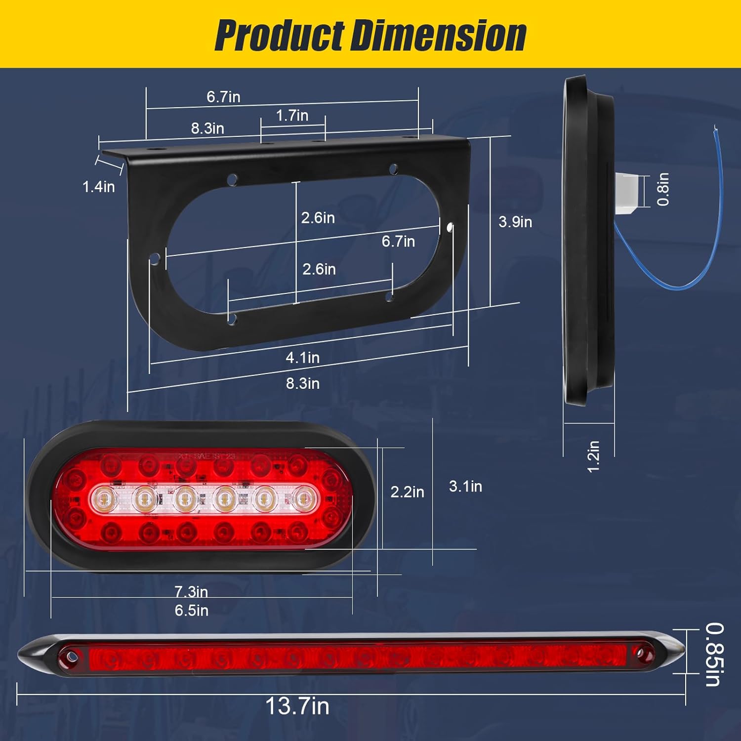 6inch Oval Trailer Lights Led Kit w/Mounting Brackets, Red/White 22LED Trailer Lights, Waterproof Stop Brake Turn Backup Reverse with Light Bar 5Pin Wiring Harness