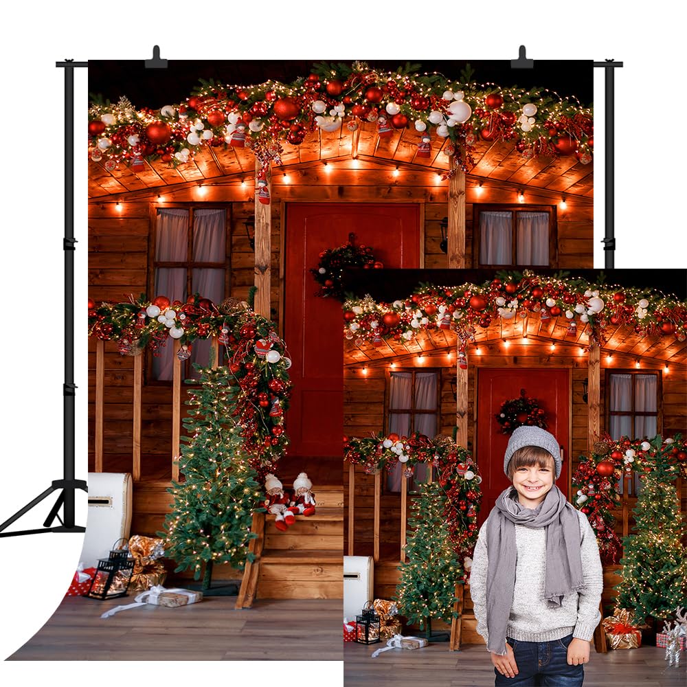 CapiSco Christmas Photography Backdrop Christmas Tree Lamp Gift Vintage Wood House Christmas Ball Pine Needle Decoration Beautiful Courtyard Family