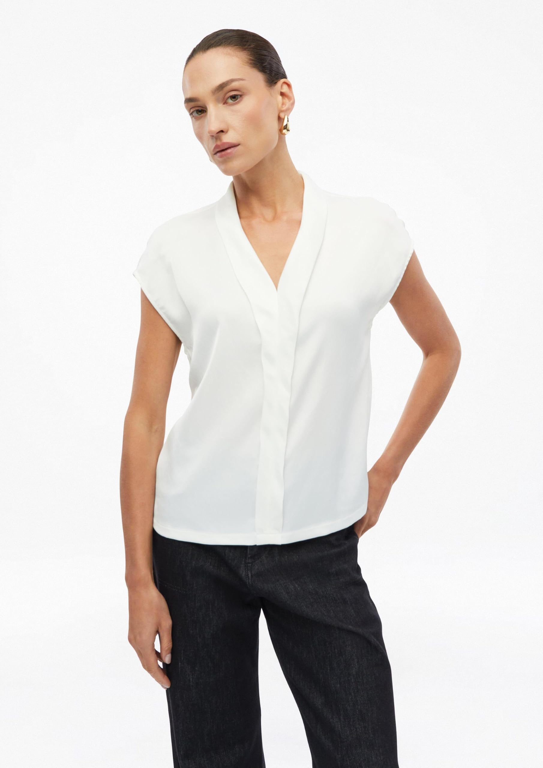 s.Oliver Damen T-Shirt – Regular Fit, V-Ausschnitt, Jersey mit Satin-Blende, überschnittene Schultern