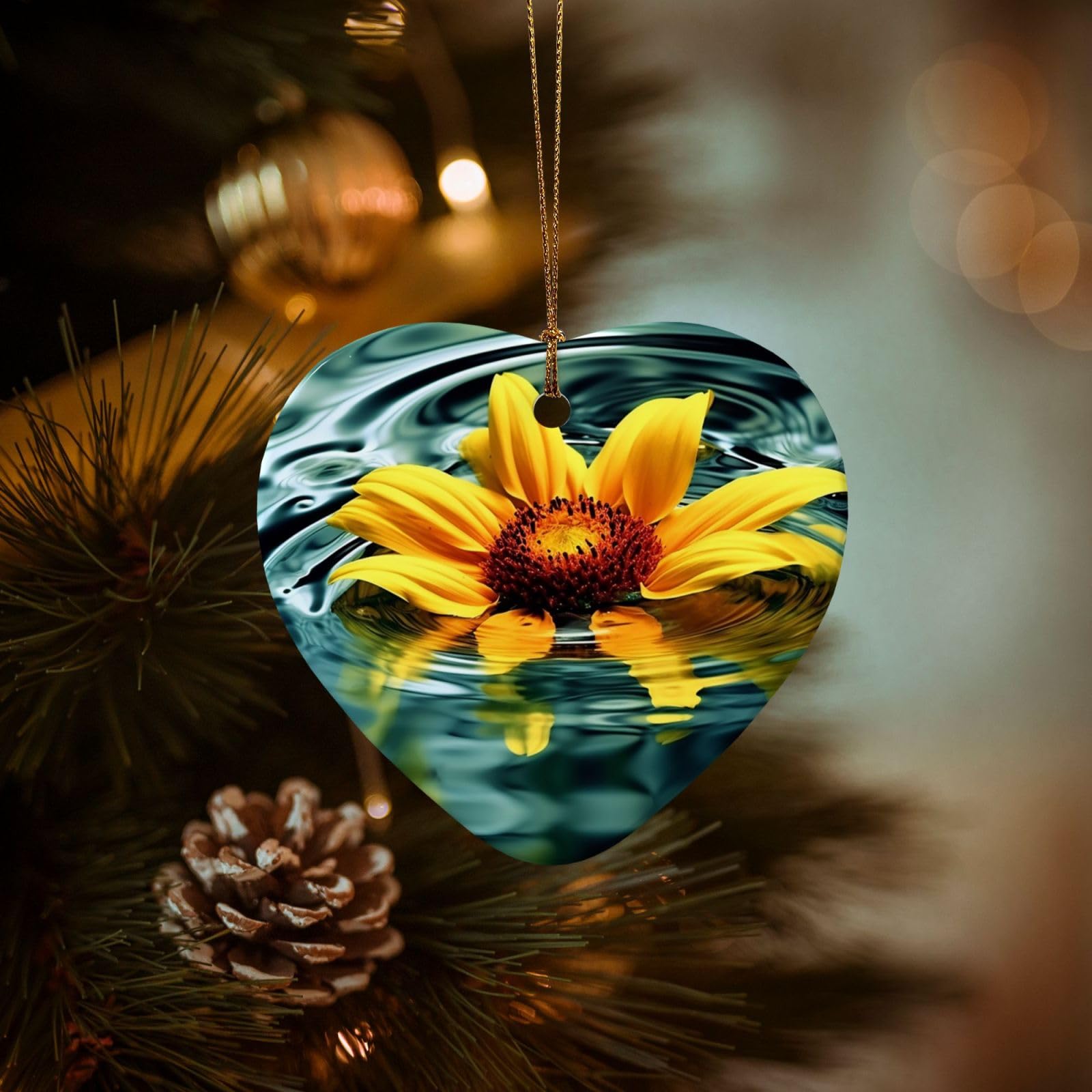 Christmas Tree Ornaments Ceramics Christmas Decorations Sunflower in Water Ornaments with Gold Ribbon Porcelain Xmas Tree Crafts Heart Shape Hanging Pendant for Christmas Tree Party Decor