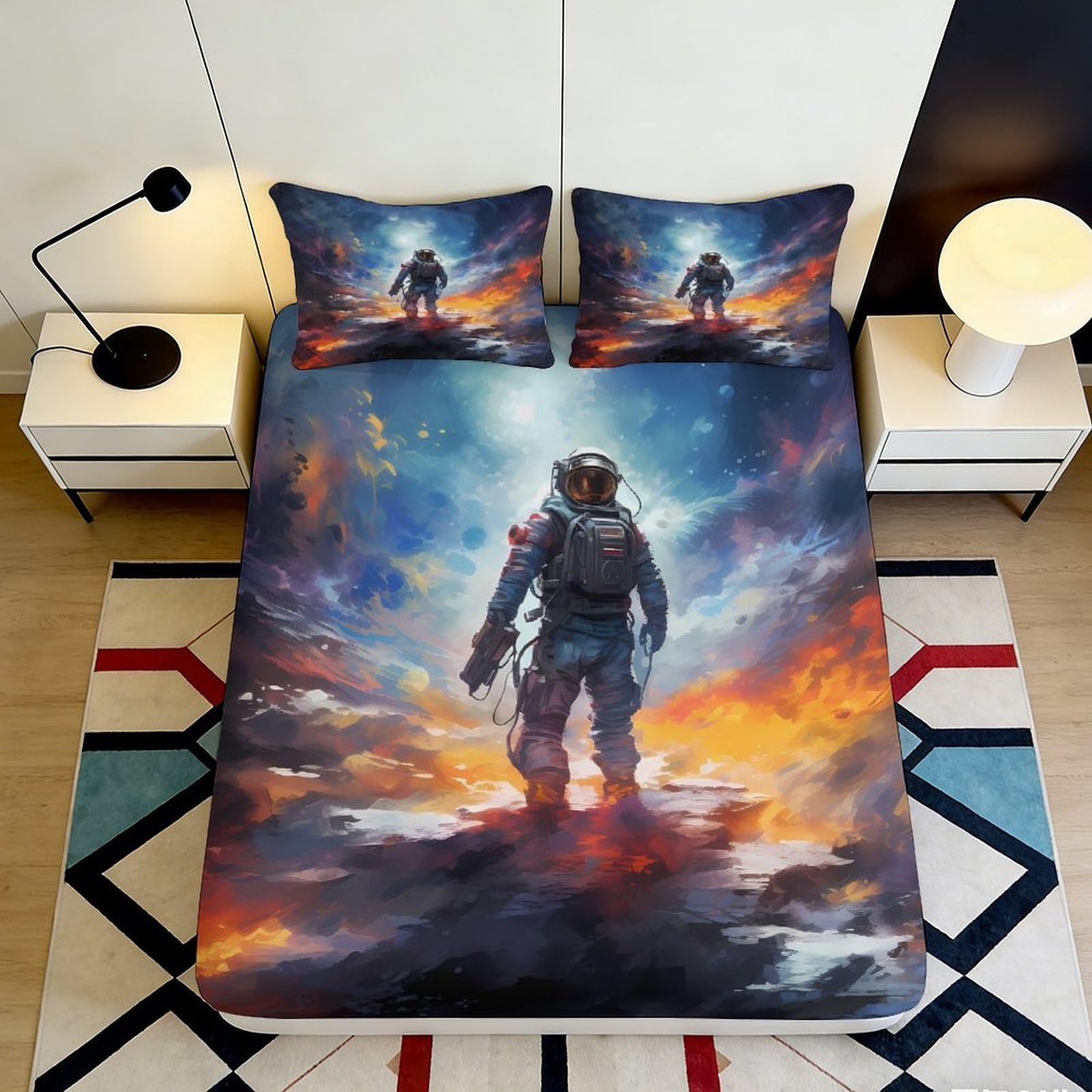 3D Printed Astronaut Sunset Fitted Sheet Microfiber Soft Breathable Space Adventure Mattress Cover for Bedroom Dorm Decor 90x200x25cm