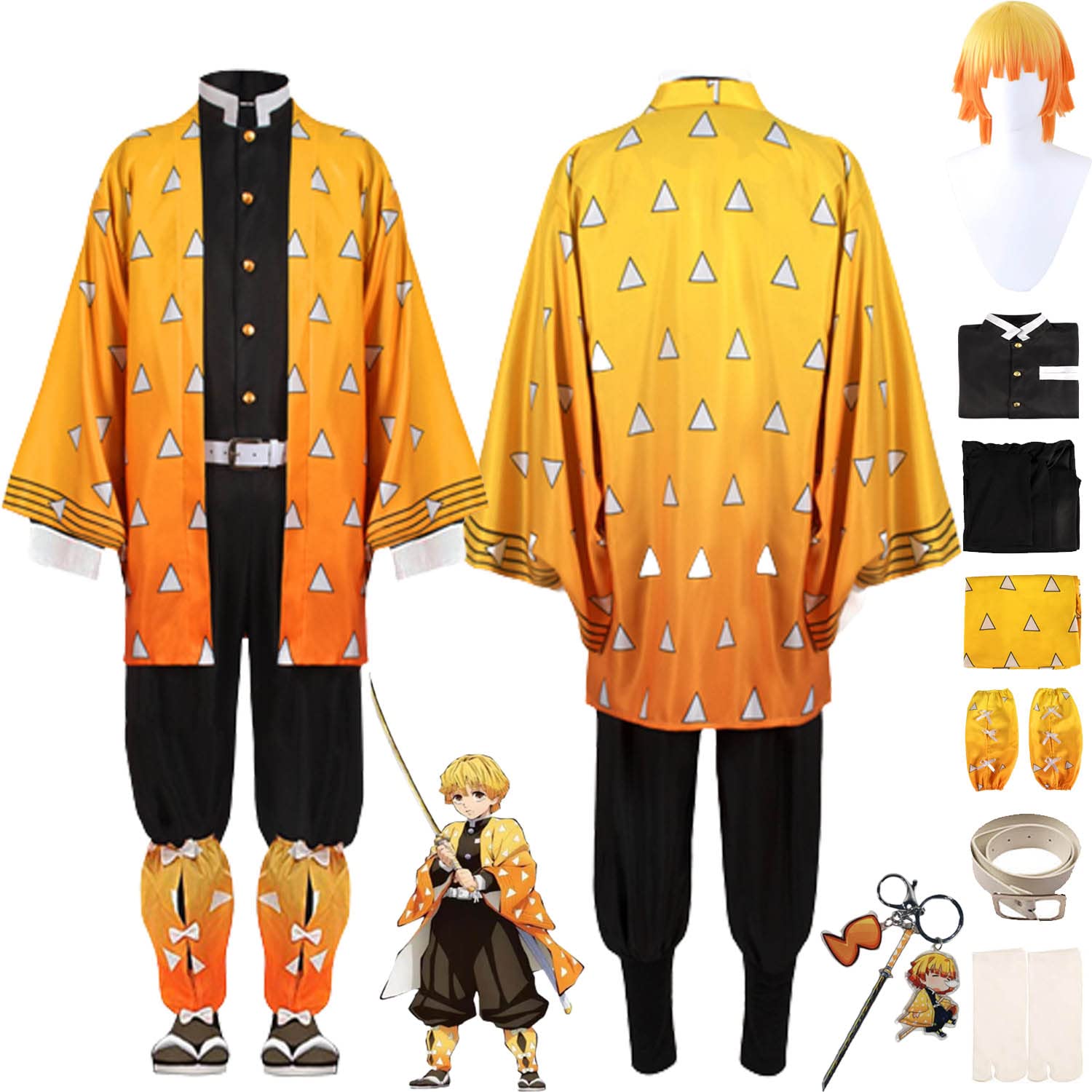 Anime Demon Slayer Agatsuma Zenitsu Cosplay Costume Vestito Douma Gioco di Ruolo Uniforme Set Completo Halloween Carnevale Festa Dress Up Suit con Parrucca per Uomini