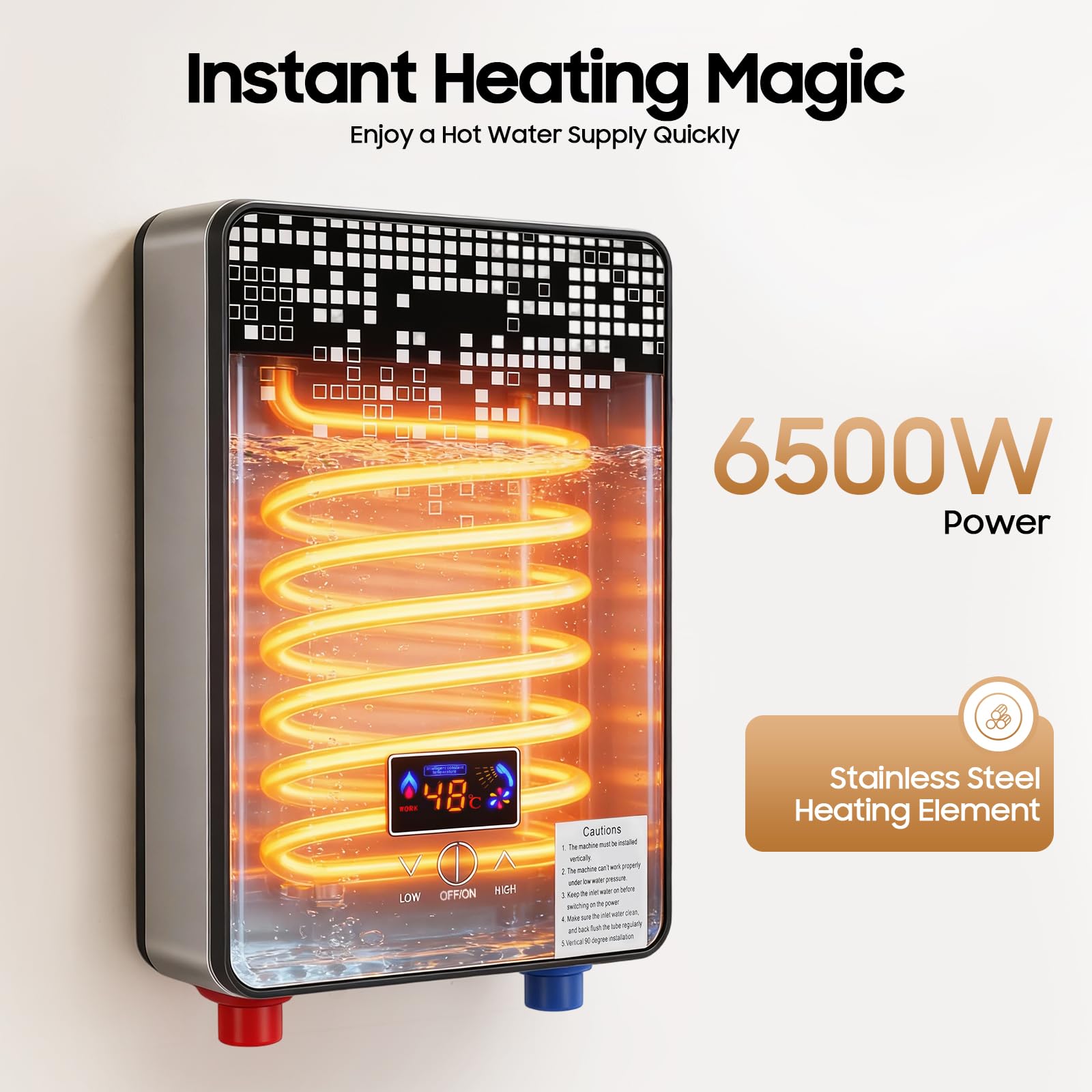 Scaldabagno elettrico 6500W con doccetta, indicatore di temperatura LED, mini scaldabagno montato a parete per doccia e cucina, funzione memoria, IPX24, protezione dall'acqua - 86-131°F (30-55°C)