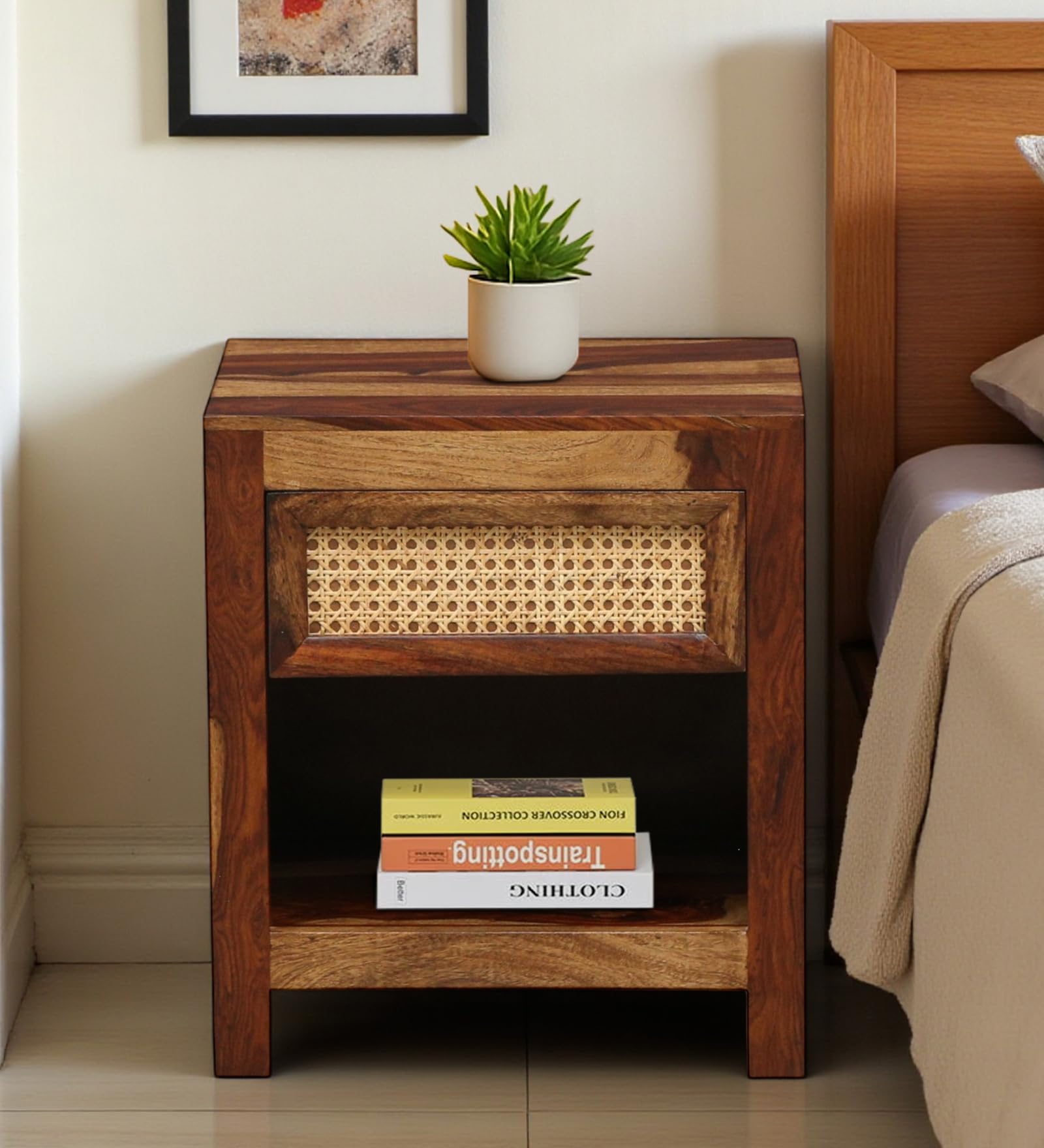 Solid Sheesham Wood Cane Bedside Table with Glass for Bedroom | Wooden Bed Side Nightstand Lamp Table with Drawer & Shelf Storage for Home & Hotels | Rosewood, Provincial Teak Finish-image-49