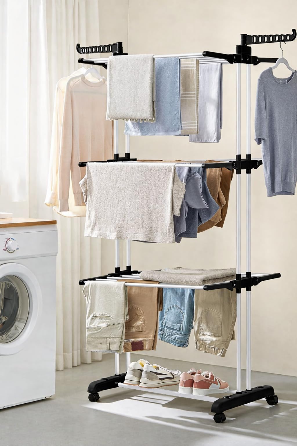 FLIPZON Premium Clothes Stand for Drying with Wheels | Portable | 2 Layer Rack for Balcony | Foldable Wings | 14 Hanger Rods | Alloy Steel & Plastic (White & Sky Blue)