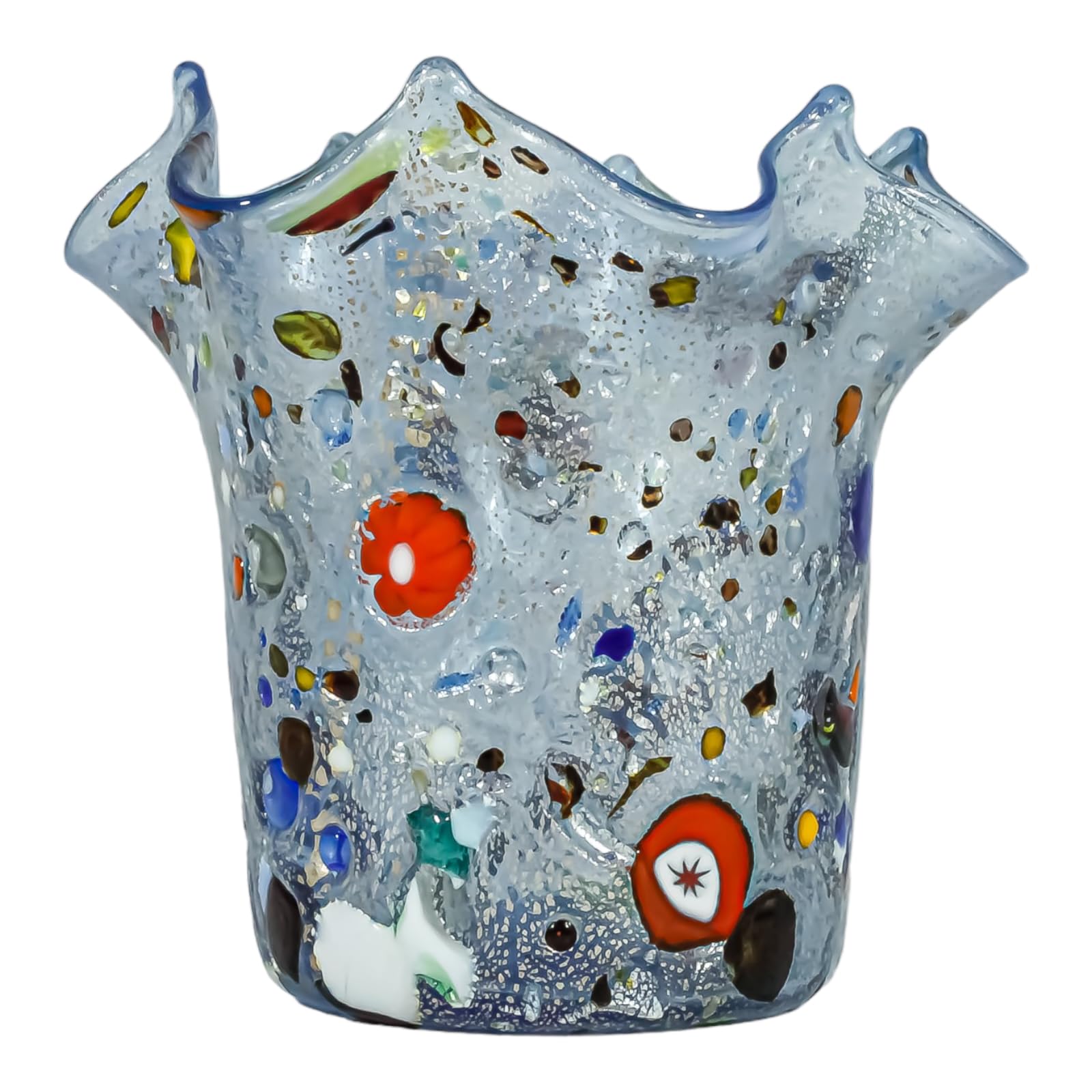 Vase Murano bleu argenté Millefiori Venise 11 cm cadeau idéal