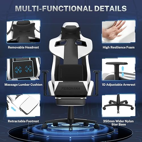 Miniatura 4 de Ferghana White Gaming Chair with Footrest, Leather Ergonomic Gaming Chairs for Adults with Massage Lumbar Support & Headrest for Office Work, Height