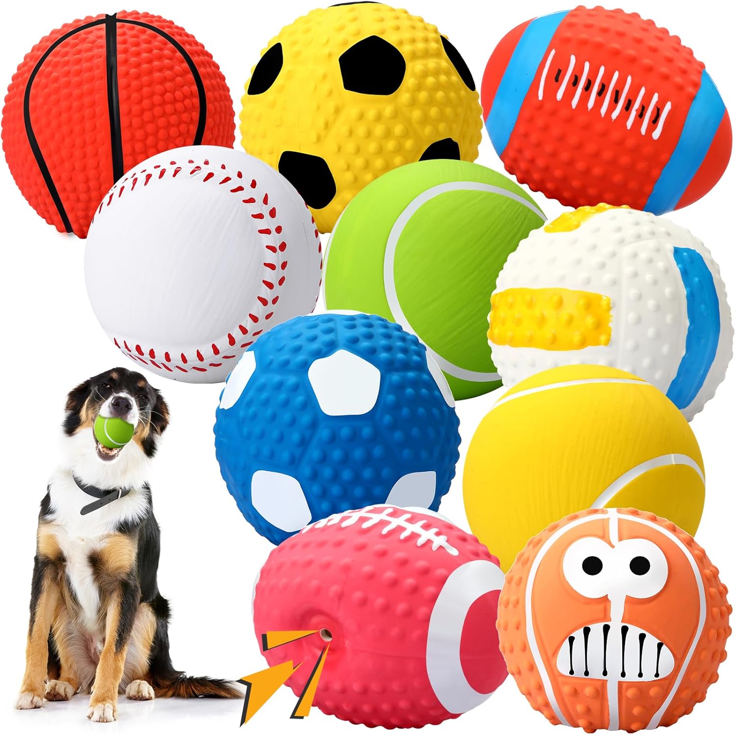 Gemscream 10 Pack 2. 4" Squeak Latex Puppy Dog Toy Ball Sports Balls Sets Interactive Rubber Squeak Dog Toys Rubber Soccer Volleyball Toy for Small Medium Puppy Dogs Chew Toys