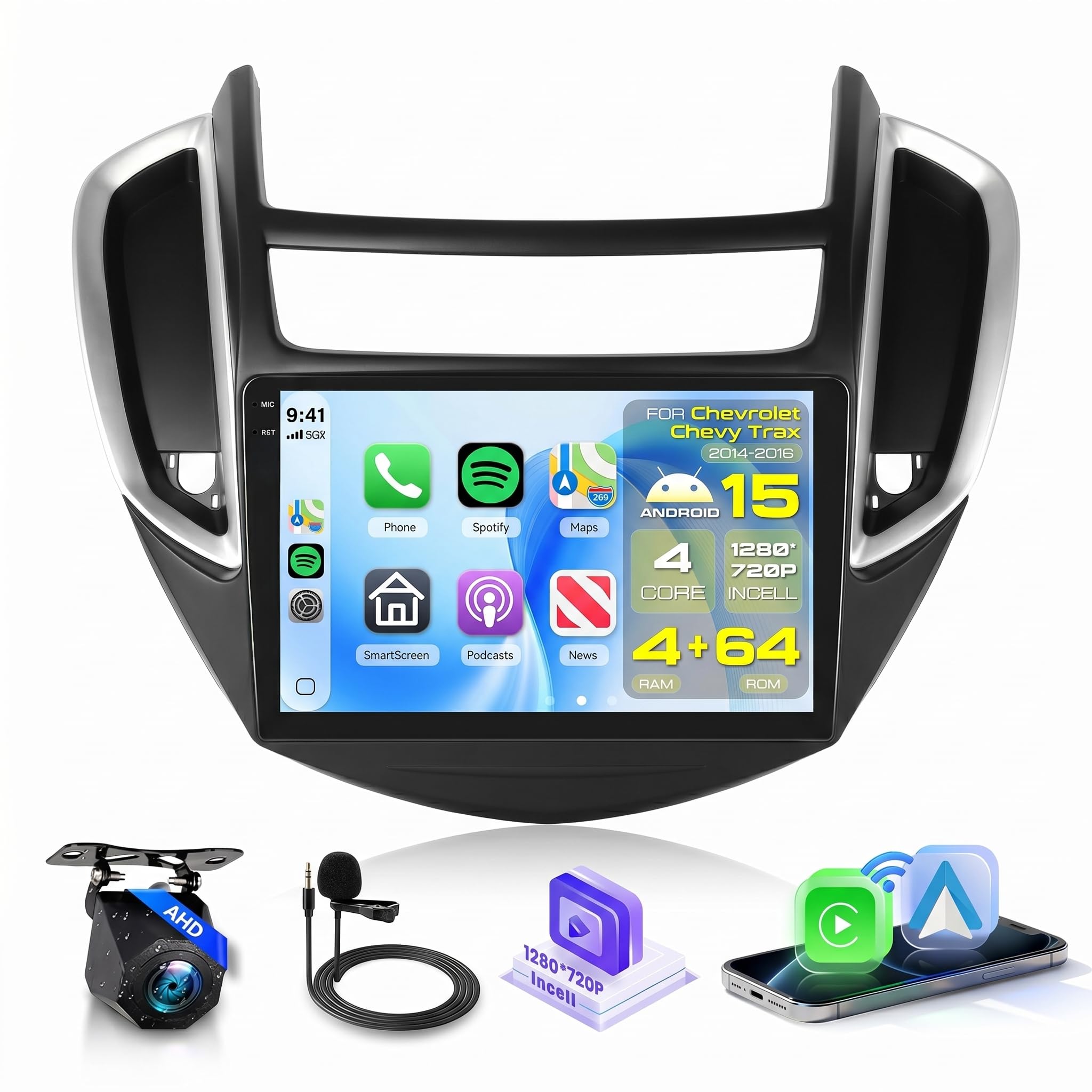 Photo 1 of 4G+64G Android Car Radio for Chevrolet Chevy Trax 2014 2015 2016 Car Stereo Radio, 9'' Incell Touchscreen Wireless Carplay Android Auto Bluetooth 5.0 Android 15 GPS FM/RDS EQ WiFi AHD Rear View Camera